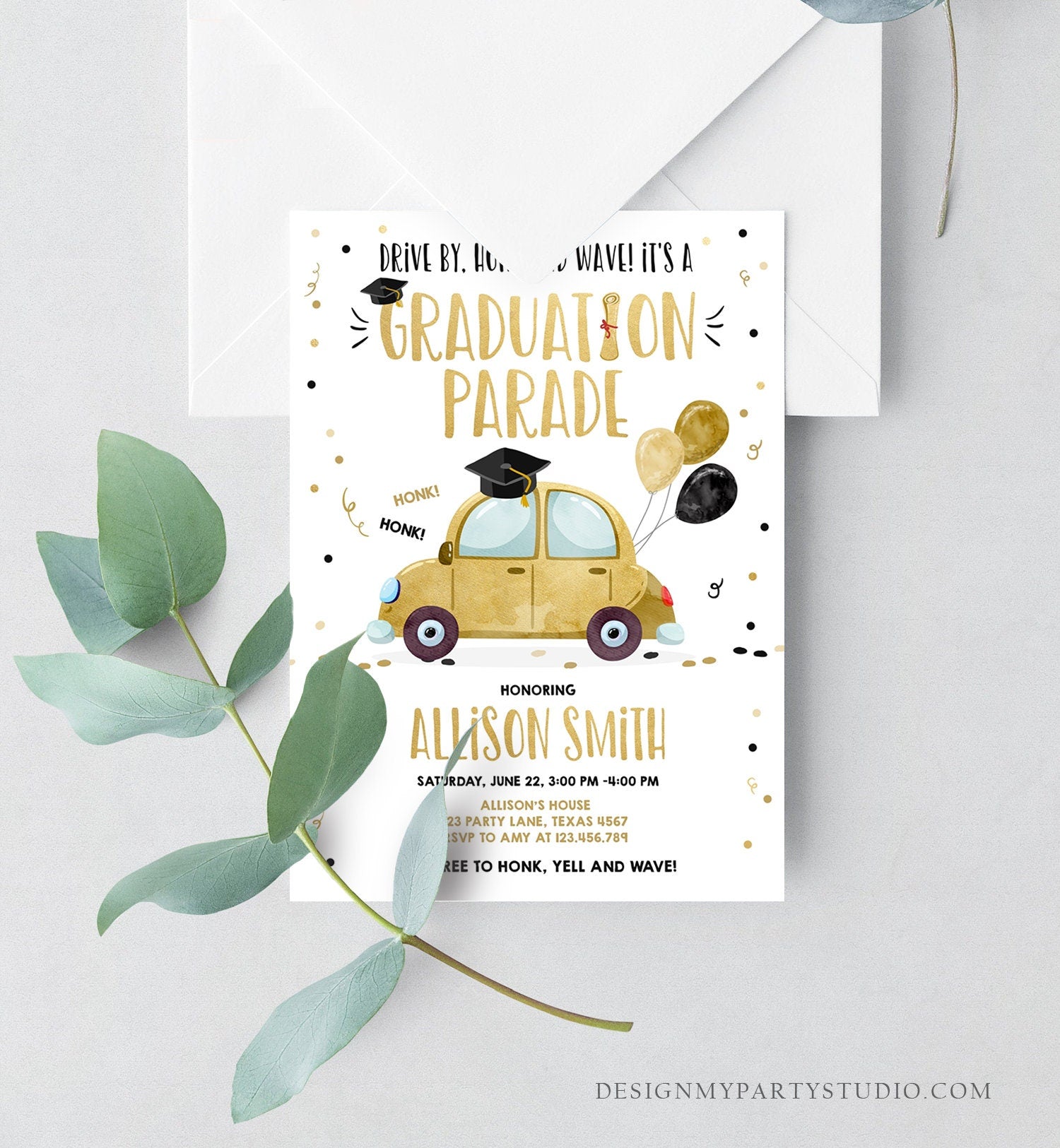 Editable Drive By Graduation Parade Invitation Drive Through Party Gold Girl Quarantine Graduate 2021 High School Grad Download Corjl 0337