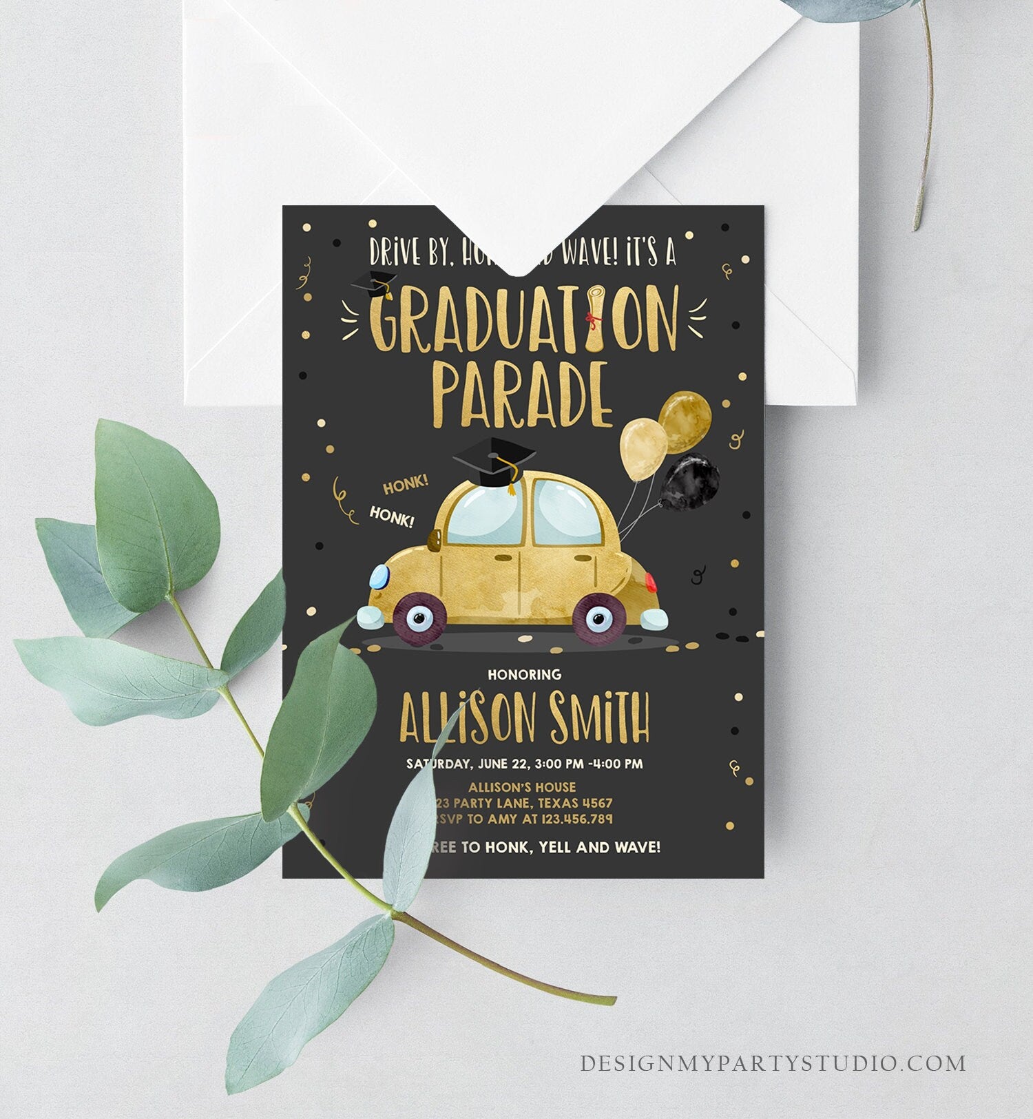 Editable Drive By Graduation Parade Invitation Drive Through Party Gold Girl Quarantine Graduate 2021 High School Grad Download Corjl 0337