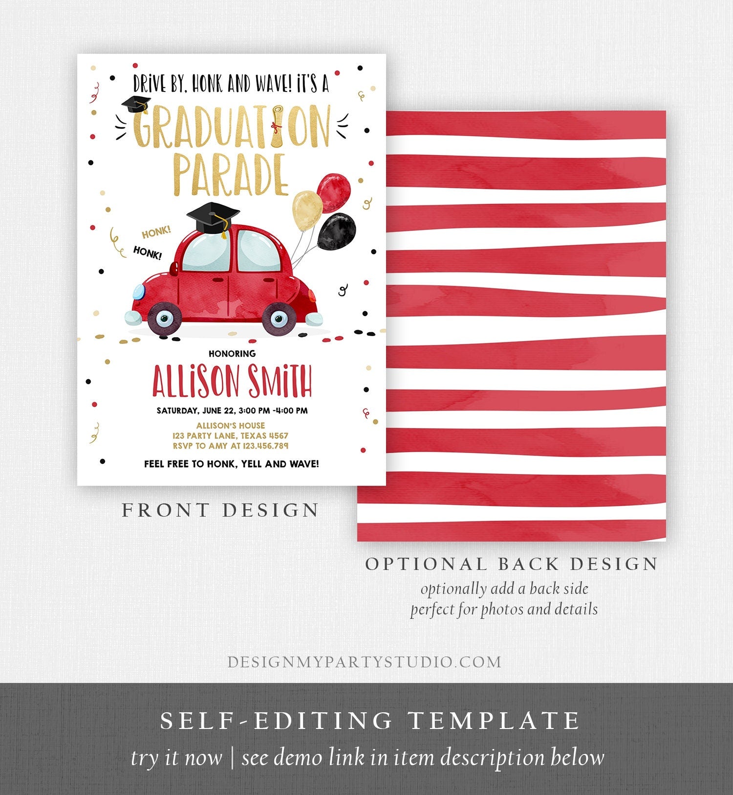 Editable Drive By Graduation Parade Invitation Drive Through Party Gold Red Quarantine Graduate 2021 High School Grad Download Corjl 0337