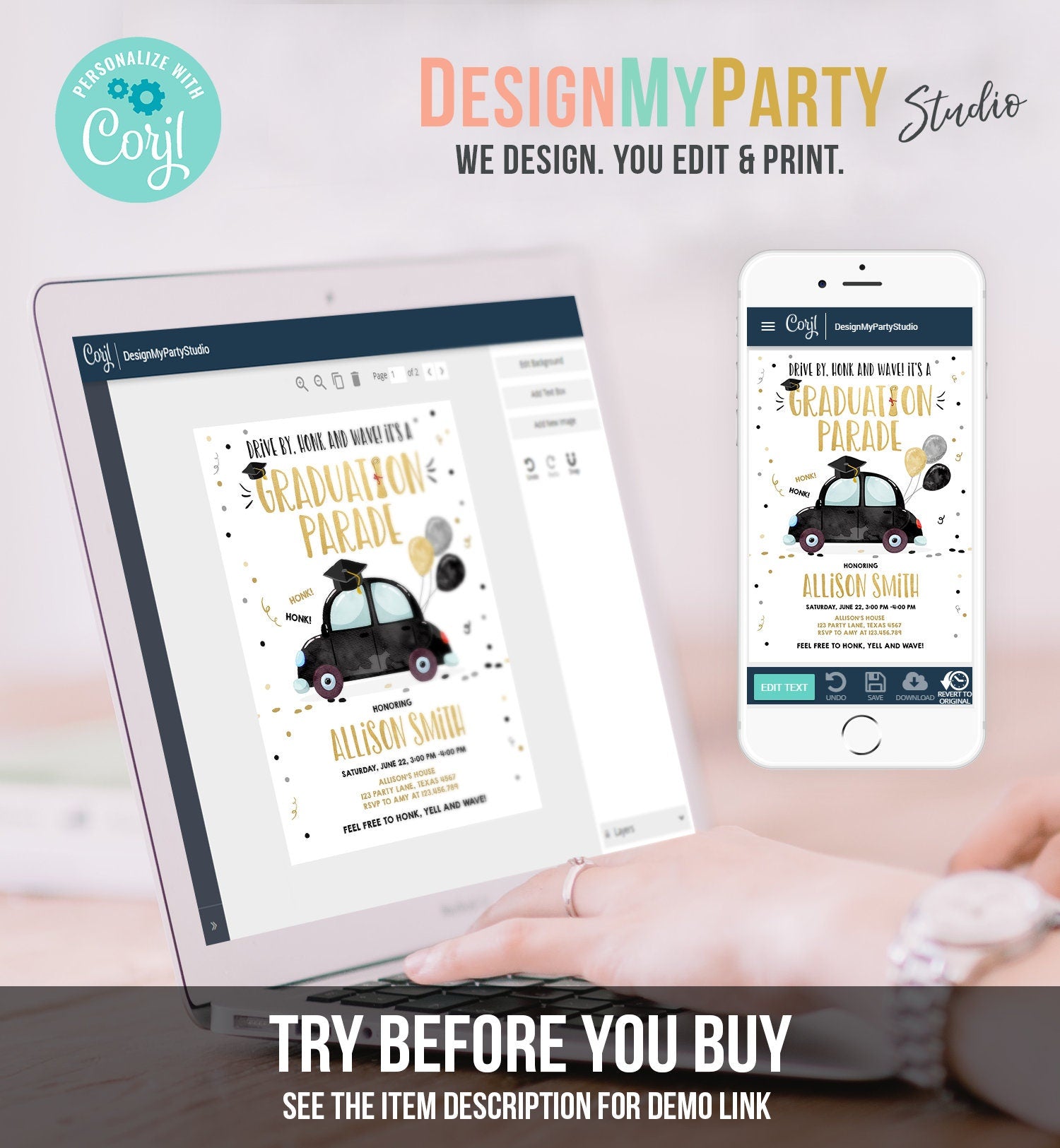 Editable Drive By Graduation Parade Invitation Drive Through Party Gold Black Quarantine Graduate 2021 High School Grad Download Corjl 0337