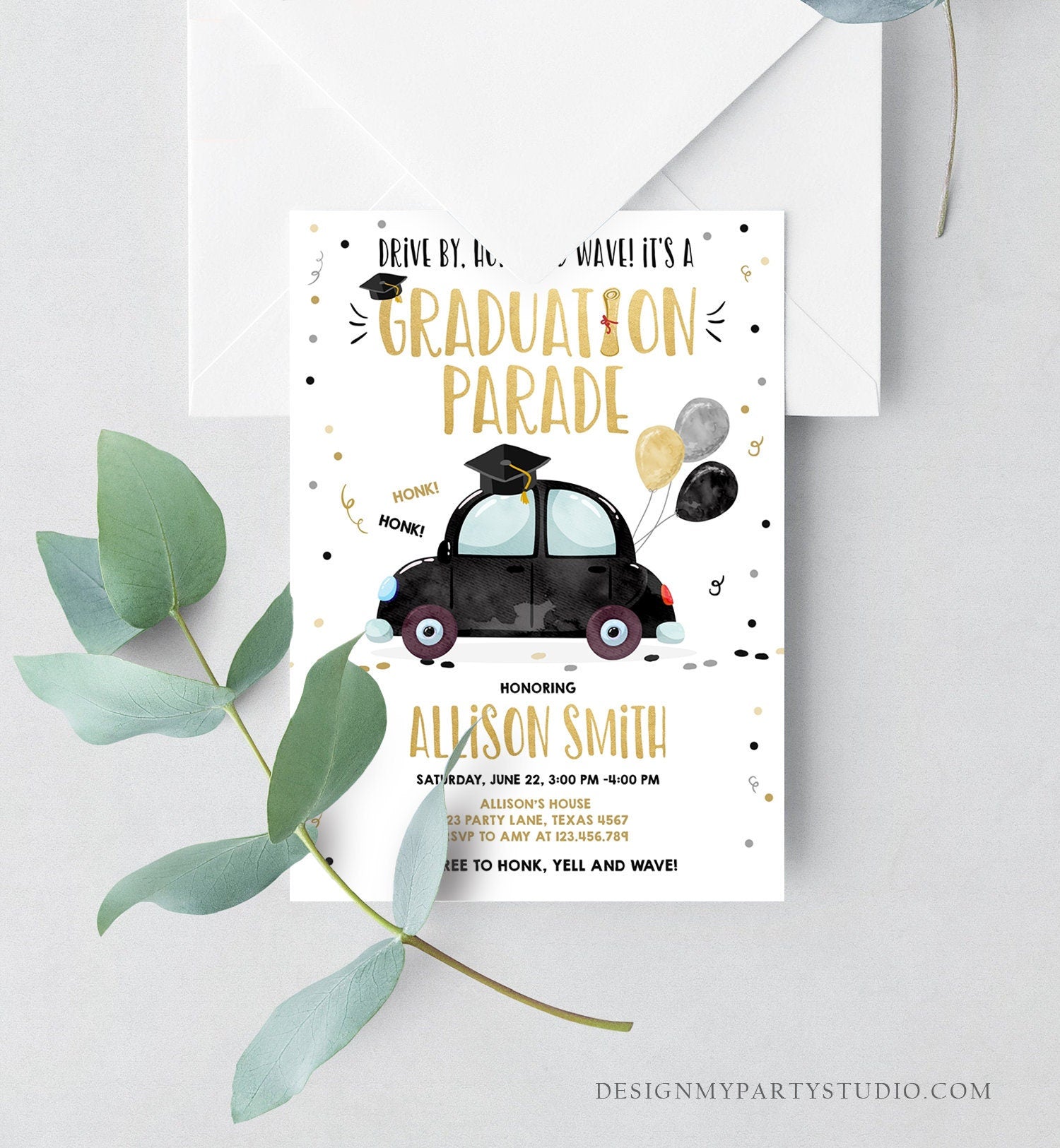 Editable Drive By Graduation Parade Invitation Drive Through Party Gold Black Quarantine Graduate 2021 High School Grad Download Corjl 0337