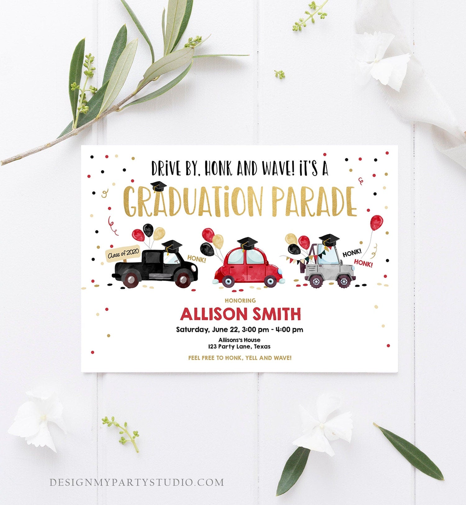 Editable Drive By Graduation Parade Invitation Drive Through Party Red Gold Quarantine Graduate 2021 High School Grad Download Corjl 0337