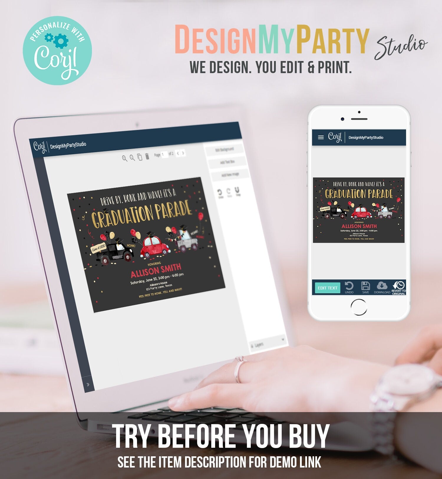 Editable Drive By Graduation Parade Invitation Drive Through Party Red Gold Quarantine Graduate 2021 High School Grad Download Corjl 0337