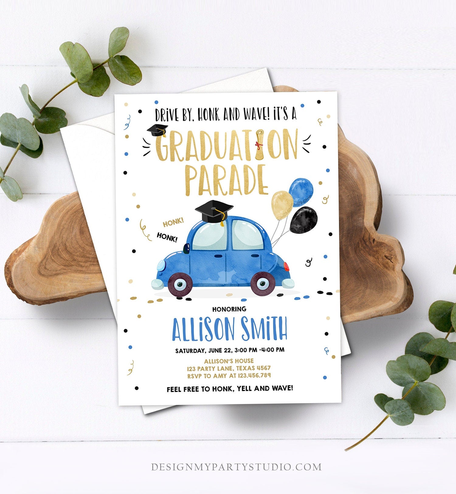 Editable Drive By Graduation Parade Invitation Drive Through Party Blue Gold Quarantine Graduate 2021 High School Grad Download Corjl 0337