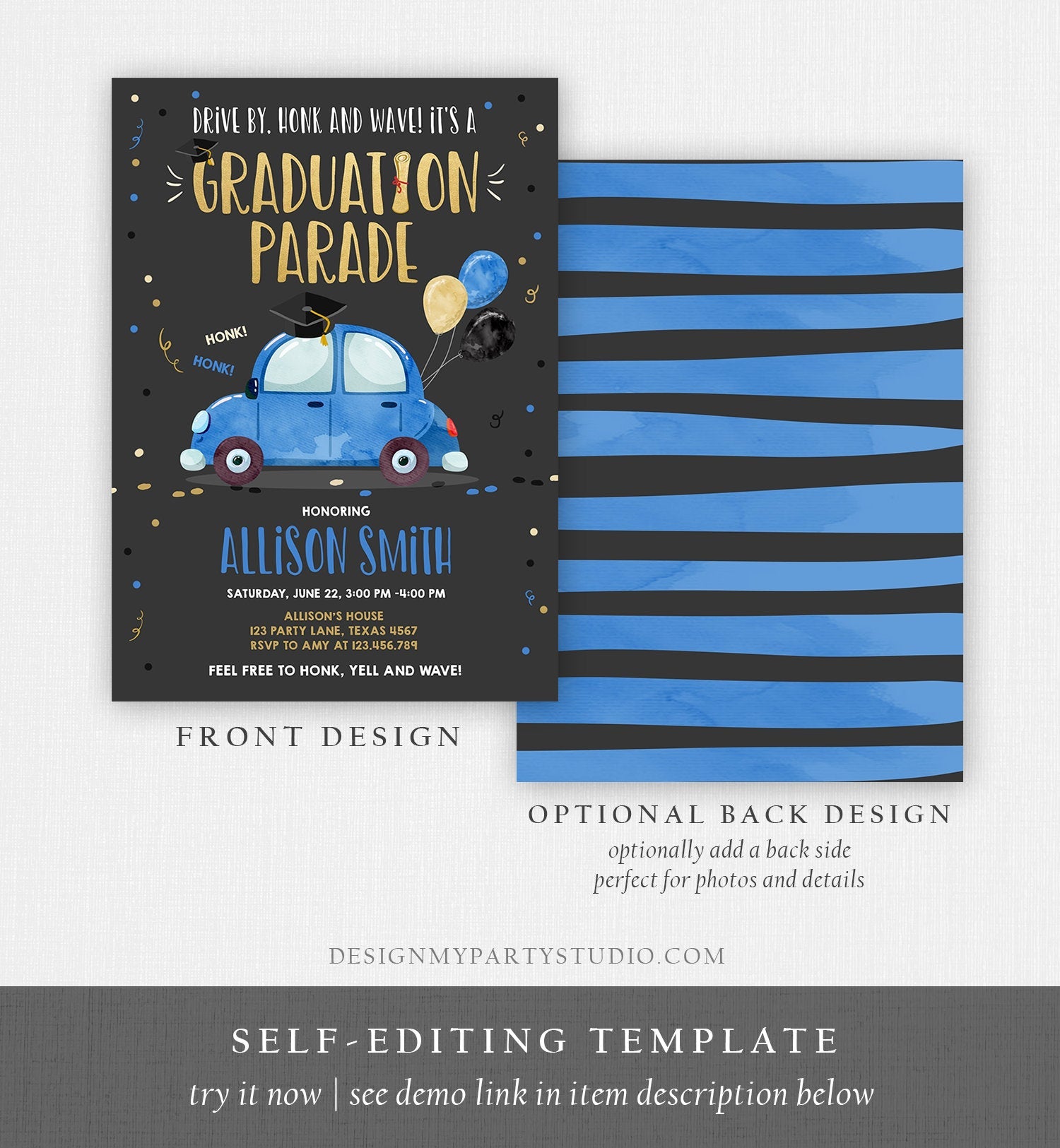 Editable Drive By Graduation Parade Invitation Drive Through Party Blue Gold Quarantine Graduate 2020 High School Grad Download Corjl 0337