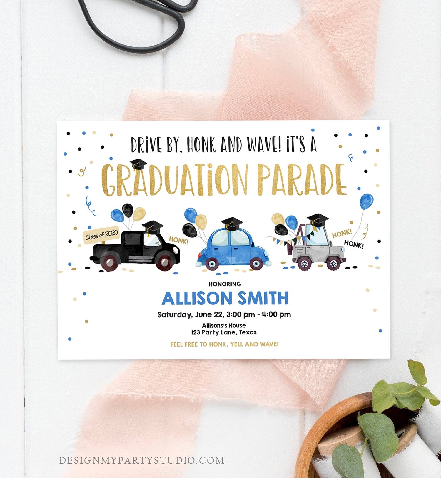 Editable Drive By Graduation Parade Invitation Drive Through Party Blue Gold Quarantine Graduate 2021 High School Grad Download Corjl 0337