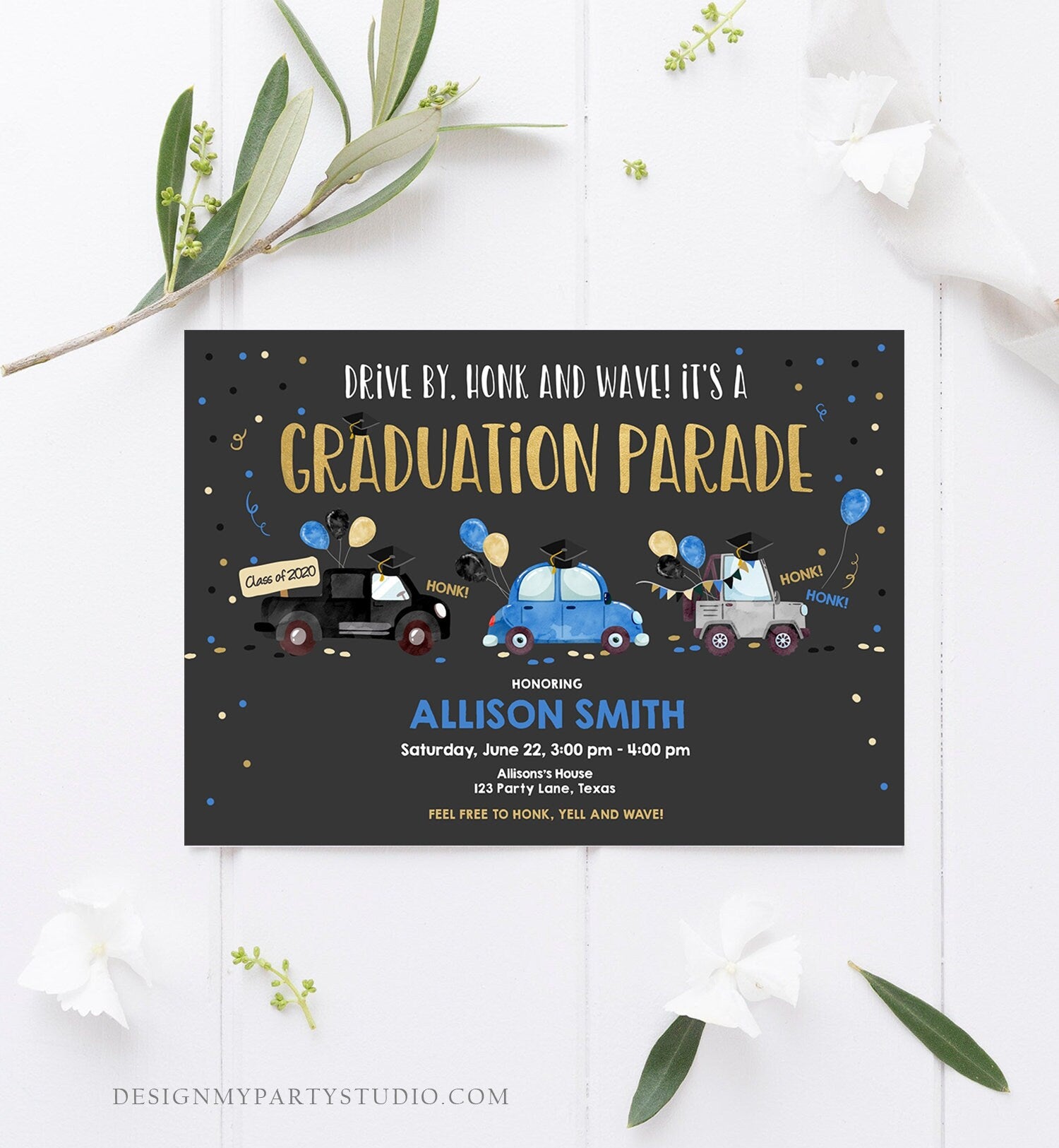 Editable Drive By Graduation Parade Invitation Drive Through Party Blue Gold Quarantine Graduate 2021 High School Grad Download Corjl 0337