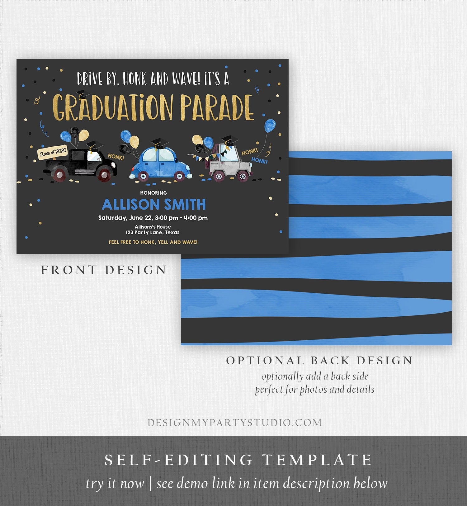 Editable Drive By Graduation Parade Invitation Drive Through Party Blue Gold Quarantine Graduate 2021 High School Grad Download Corjl 0337