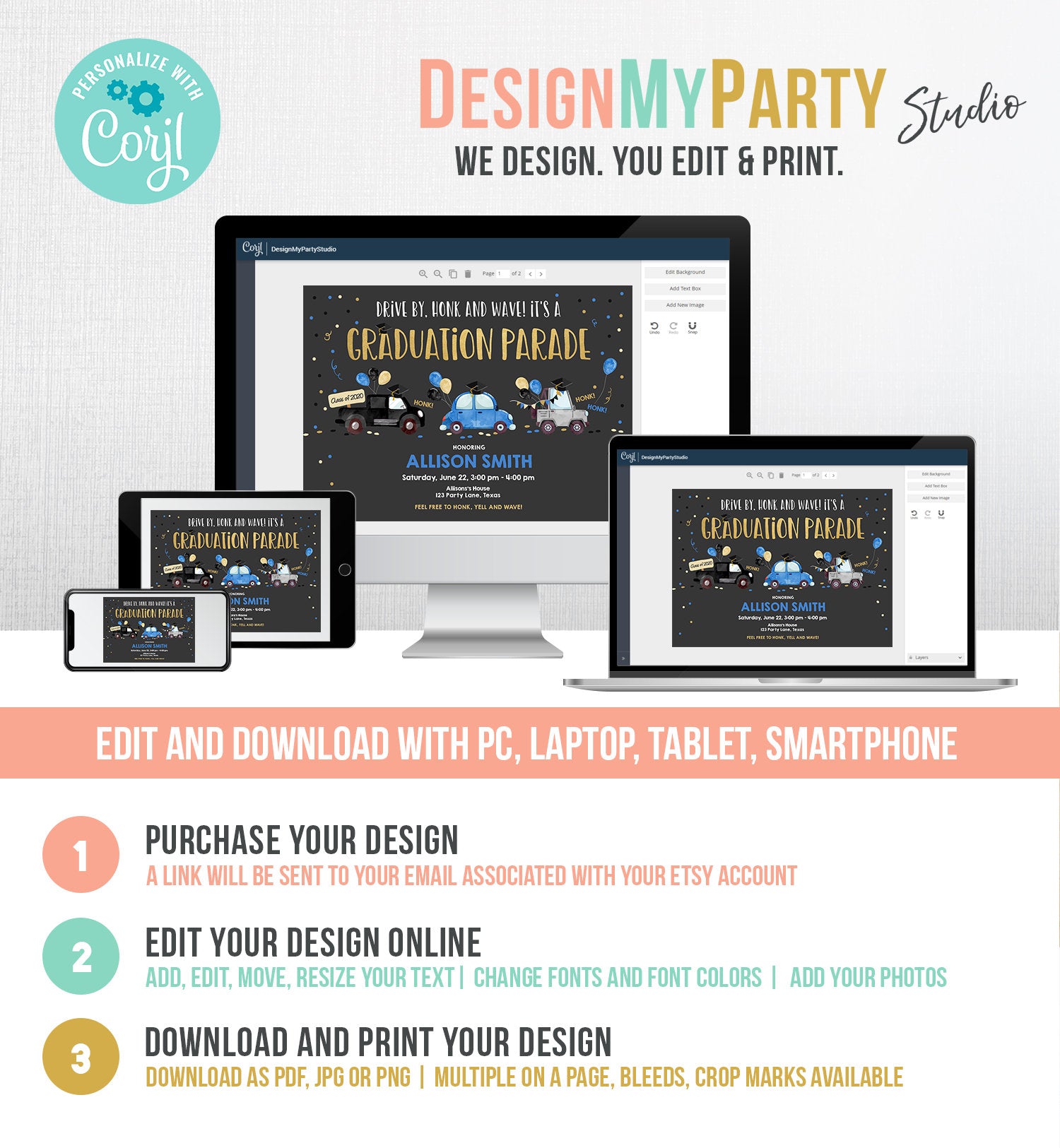 Editable Drive By Graduation Parade Invitation Drive Through Party Blue Gold Quarantine Graduate 2021 High School Grad Download Corjl 0337