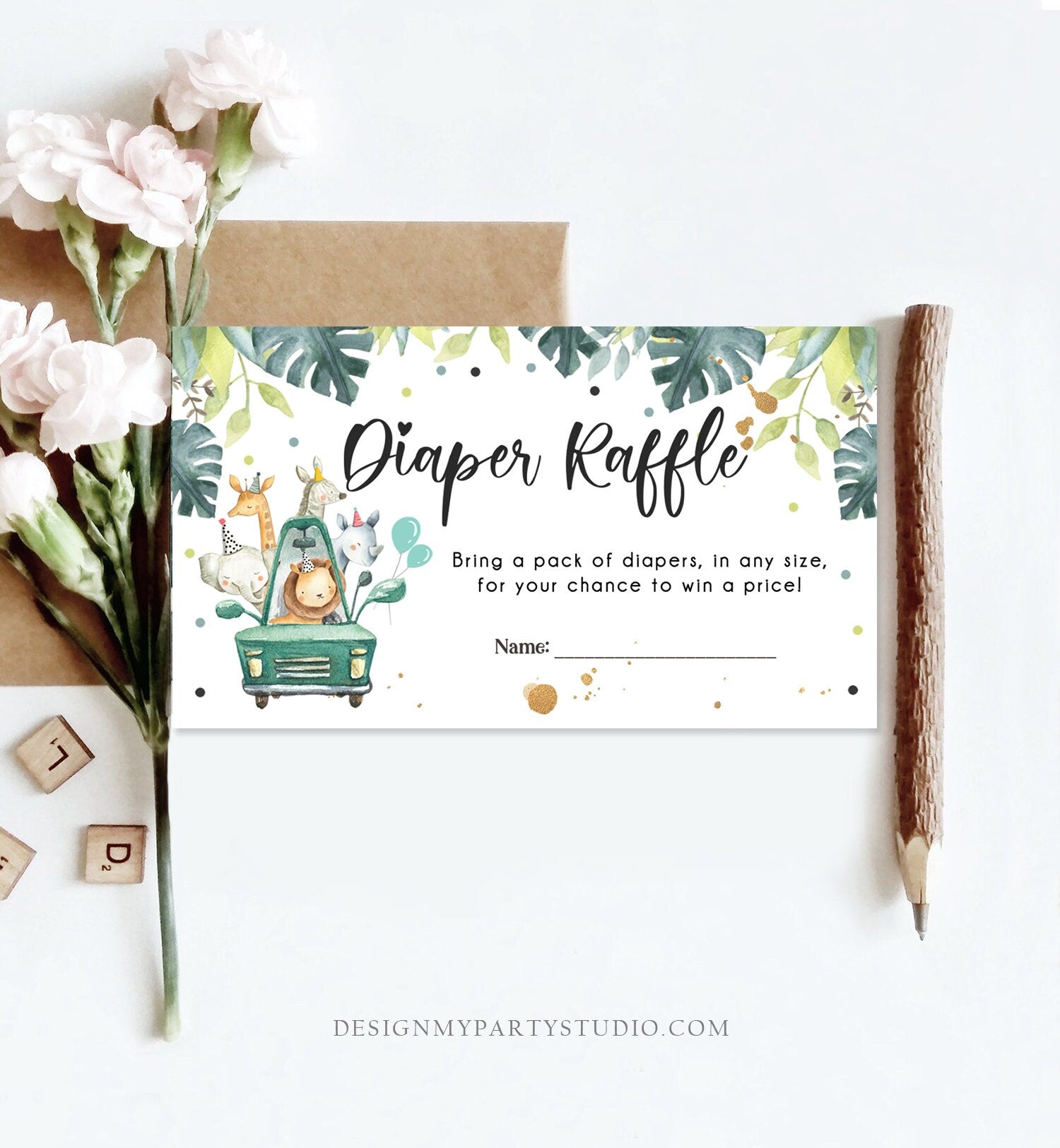 Editable Drive By Diaper Raffle Ticket Baby Shower Safari Animals Blue Floral Boy Drive Through Diaper Game Ticket Corjl Template 0345