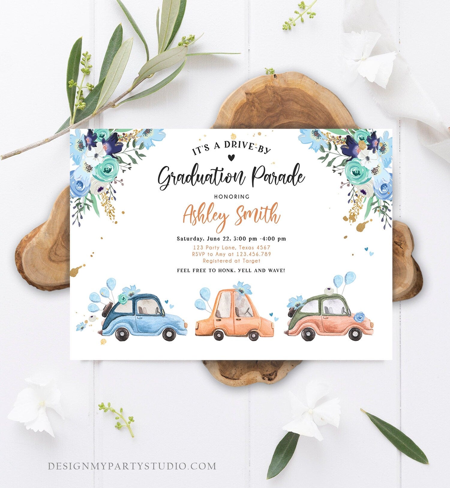 Editable Drive By Graduation Parade Invitation Drive Through Gold Blue Floral Girl Graduate School Grad Class 2020 Quarantine Corjl 0335