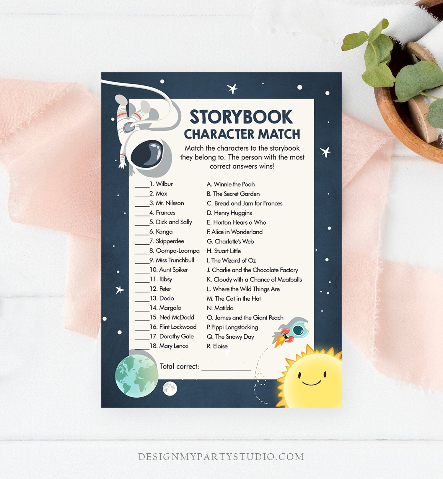 Editable Storybook Character Match Baby Shower Game Space Baby Shower Activity Astronaut Gender Neutral Corjl Template Printable 0046