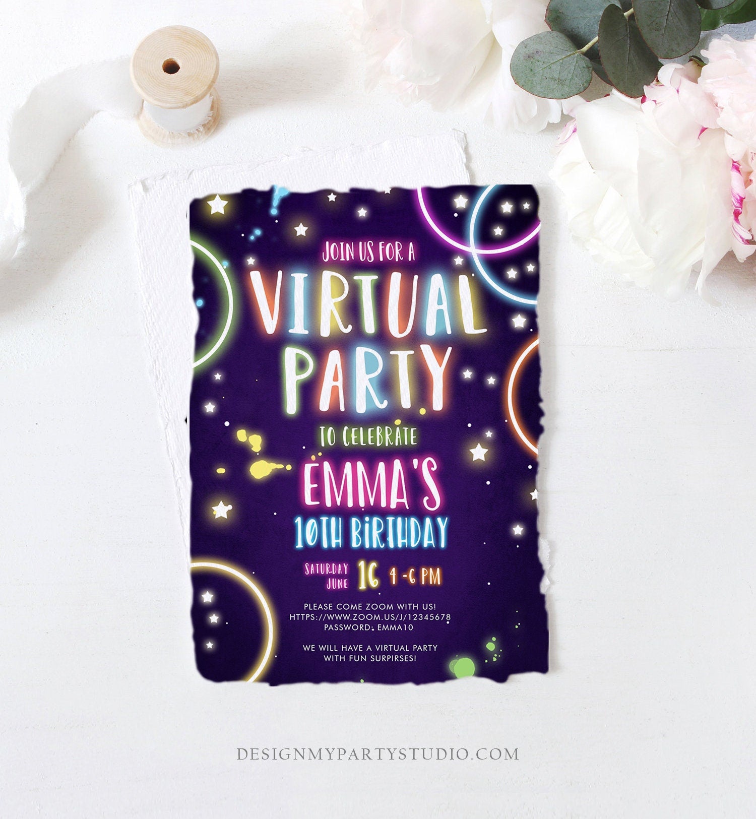 Editable Virtual Party Birthday Invitation Girl Disco Neon Glow Zoom Party Video Chat Quarantine Party Social Distancing Template Corjl 0172