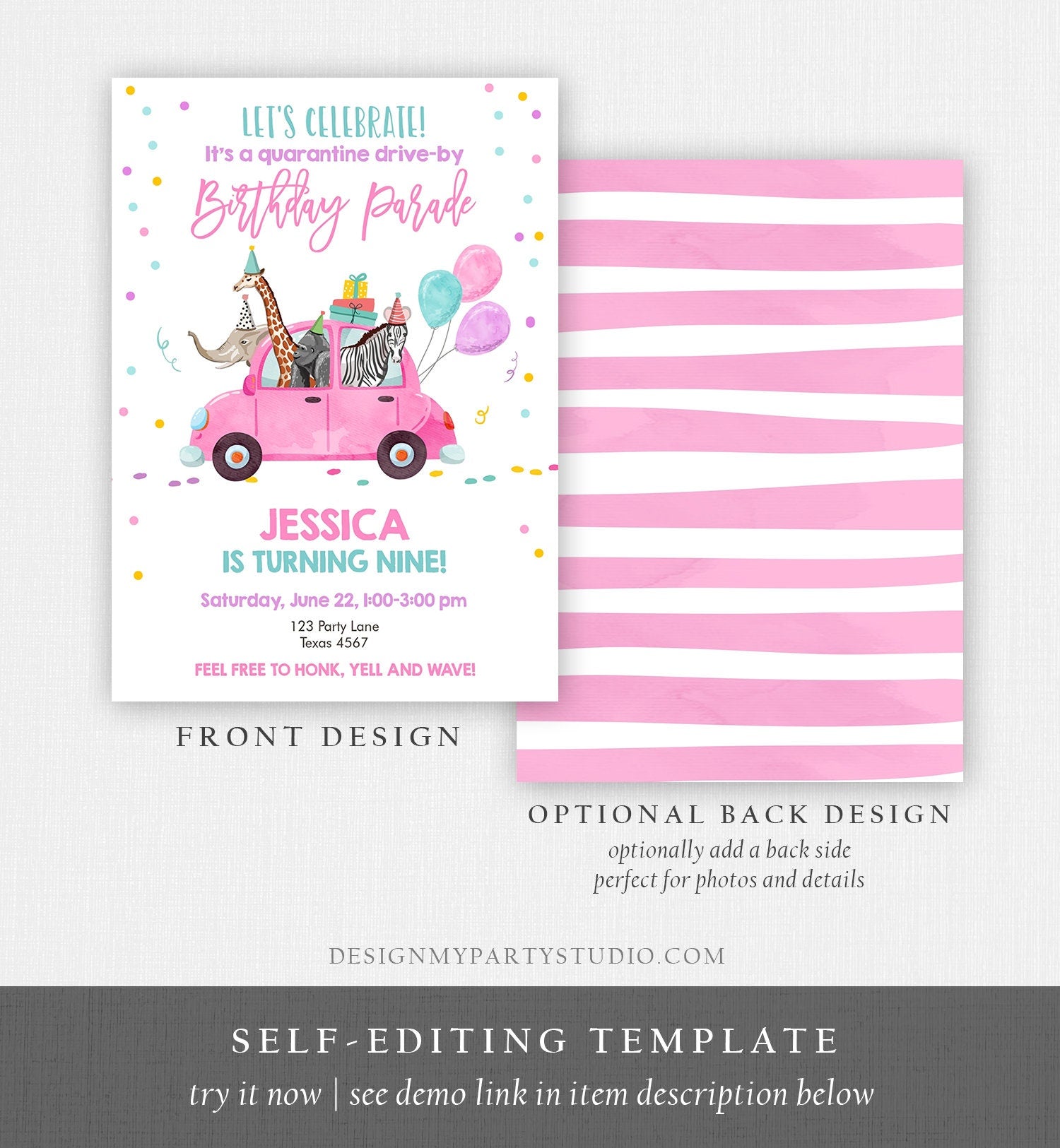 Editable Drive By Birthday Parade Invitation Virtual Birthday Party Invite Girl Pink Party Animals Safari Download Digital Corjl 0333
