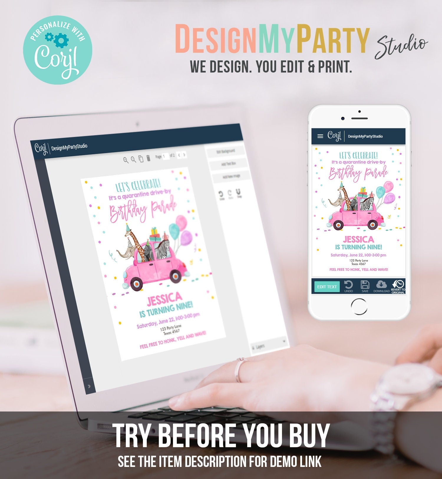 Editable Drive By Birthday Parade Invitation Virtual Birthday Party Invite Girl Pink Party Animals Safari Download Digital Corjl 0333