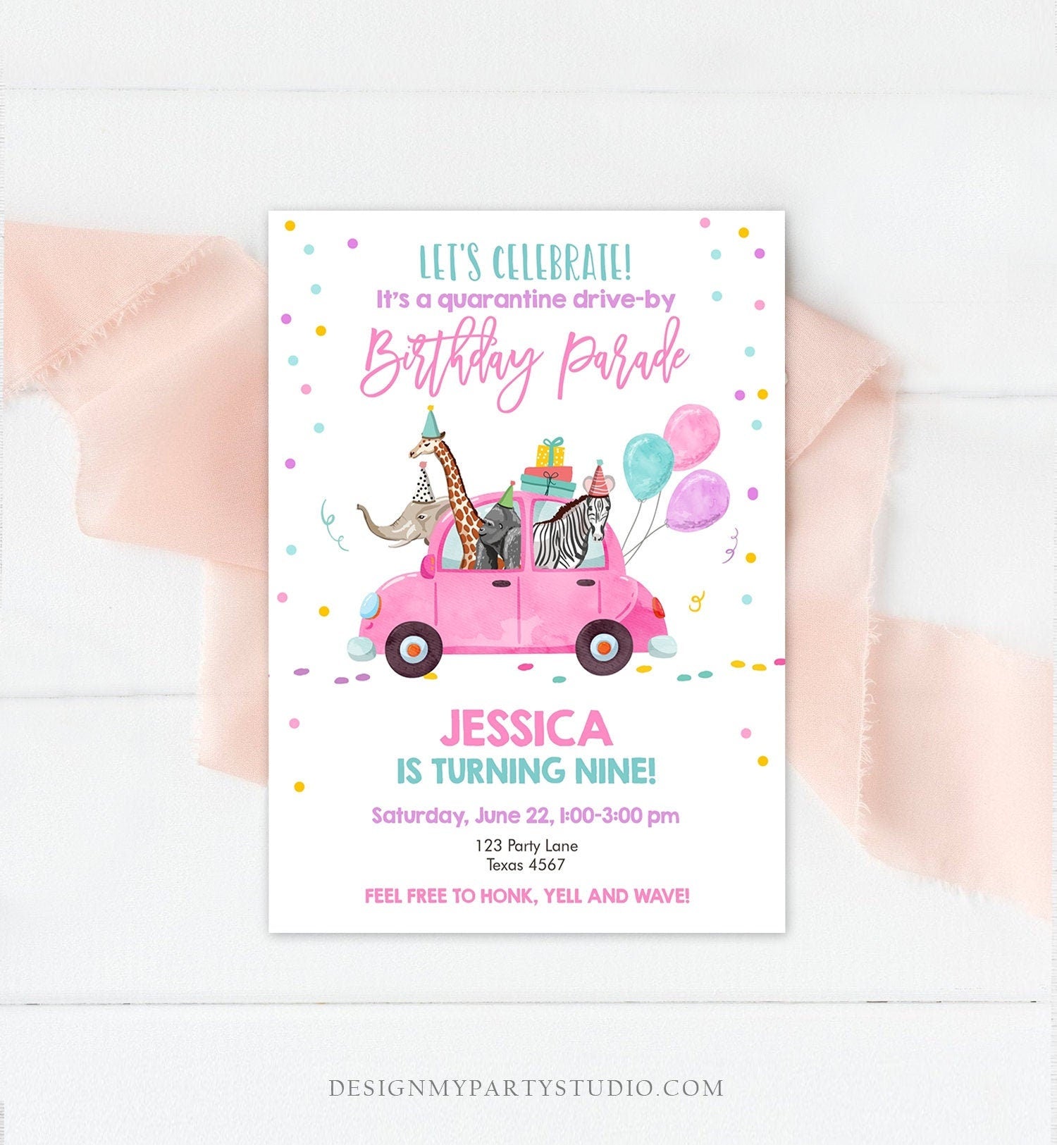 Editable Drive By Birthday Parade Invitation Virtual Birthday Party Invite Girl Pink Party Animals Safari Download Digital Corjl 0333