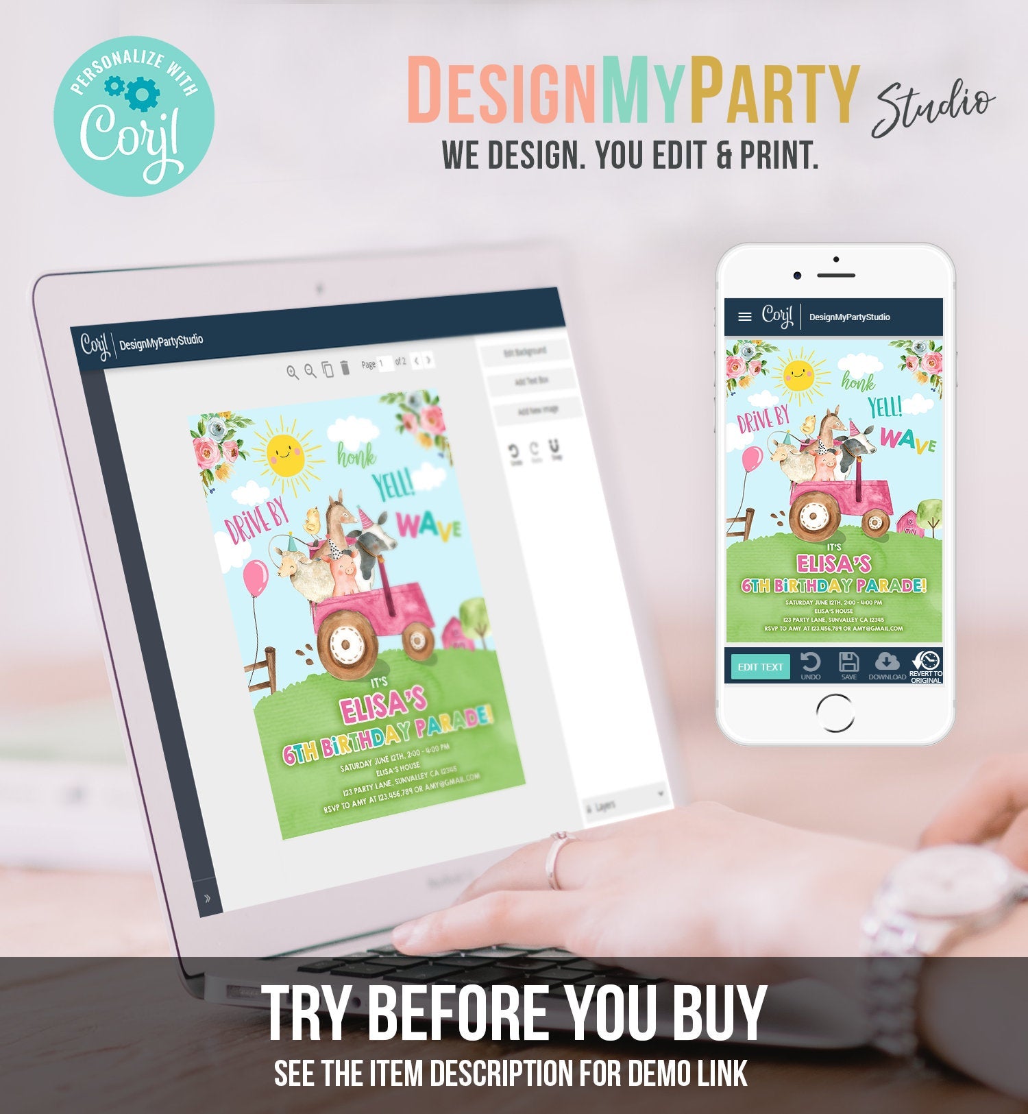 Editable Drive By Birthday Parade Invitation Farm Animals Virtual Party Invite Honk Wave Car Girl Pink Party Animals Digital Corjl 0155