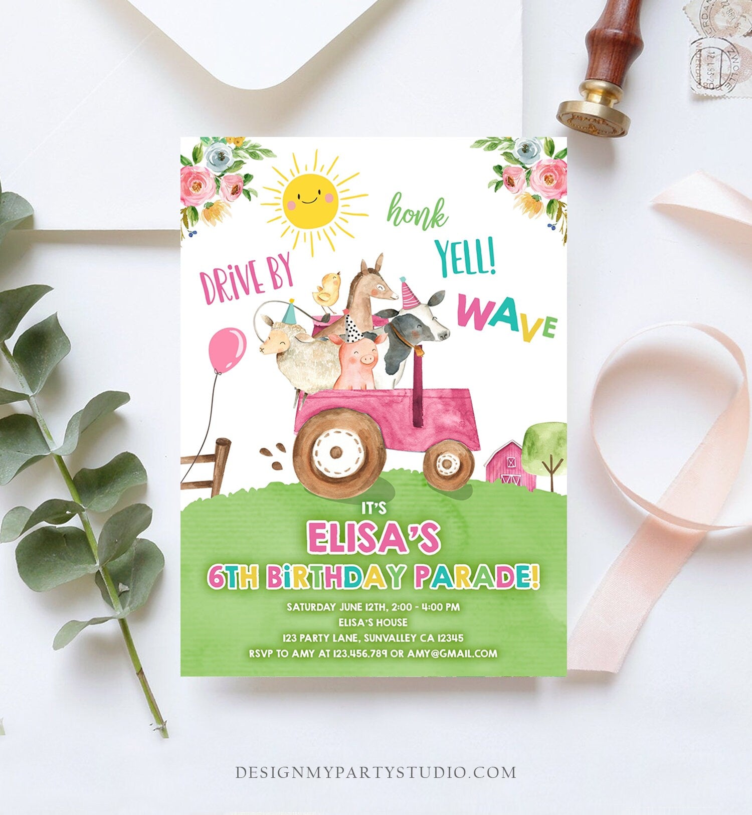 Editable Drive By Birthday Parade Invitation Farm Animals Virtual Party Invite Honk Wave Car Girl Pink Party Animals Digital Corjl 0155