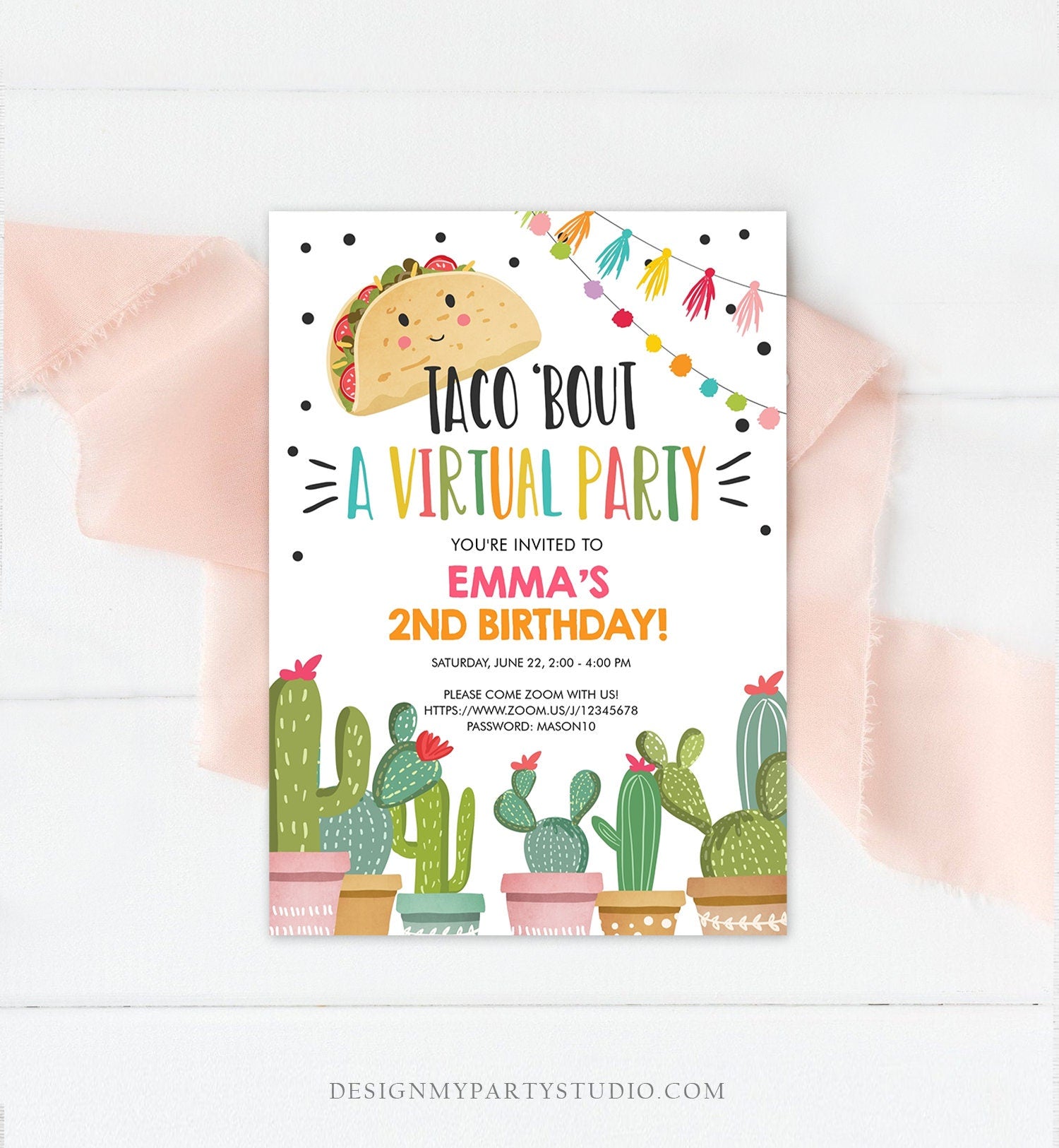 Editable Taco Bout a Virtual Party Birthday Invitation Fiesta Cactus Zoom Party Video Chat Quarantine Party Distancing Corjl Template 0254