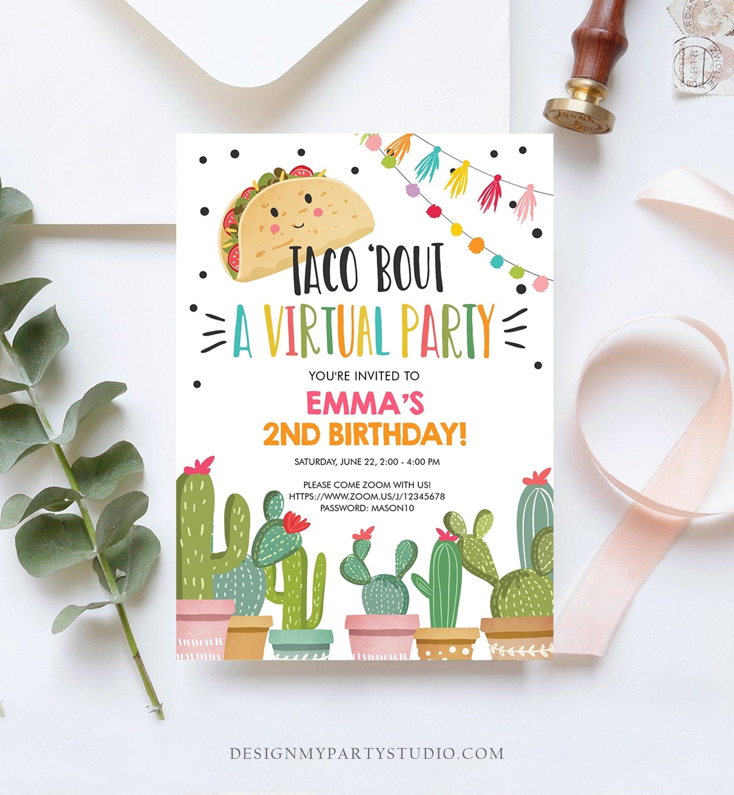 Editable Taco Bout a Virtual Party Birthday Invitation Fiesta Cactus Zoom Party Video Chat Quarantine Party Distancing Corjl Template 0254