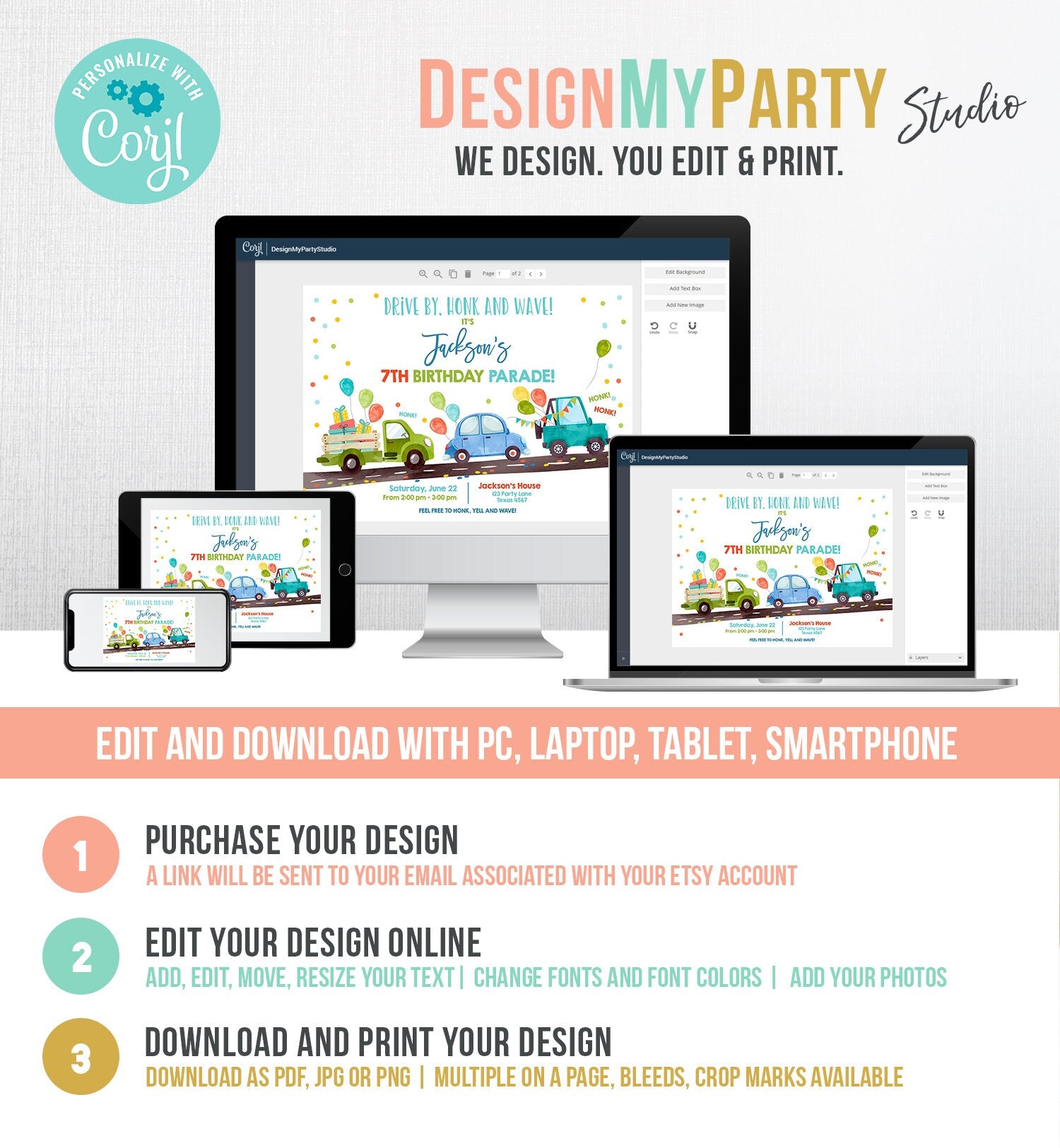 Editable Drive By Birthday Parade Invitation Virtual Party Invite Honk Wave Car Boy Blue Instant Download Digital Corjl 0333