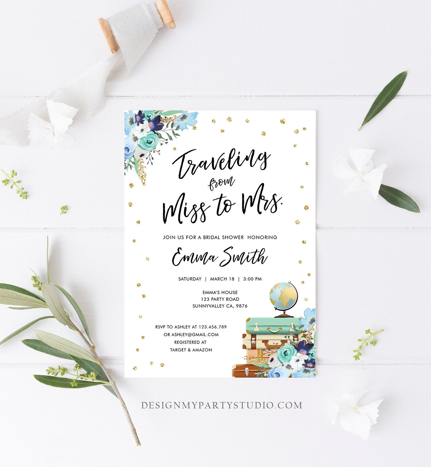 Editable Miss to Mrs Travel Bridal Shower Invitation Flowers Globe Suitcase Navy Blue Gold Confetti Traveling Printable Corjl Template 0030