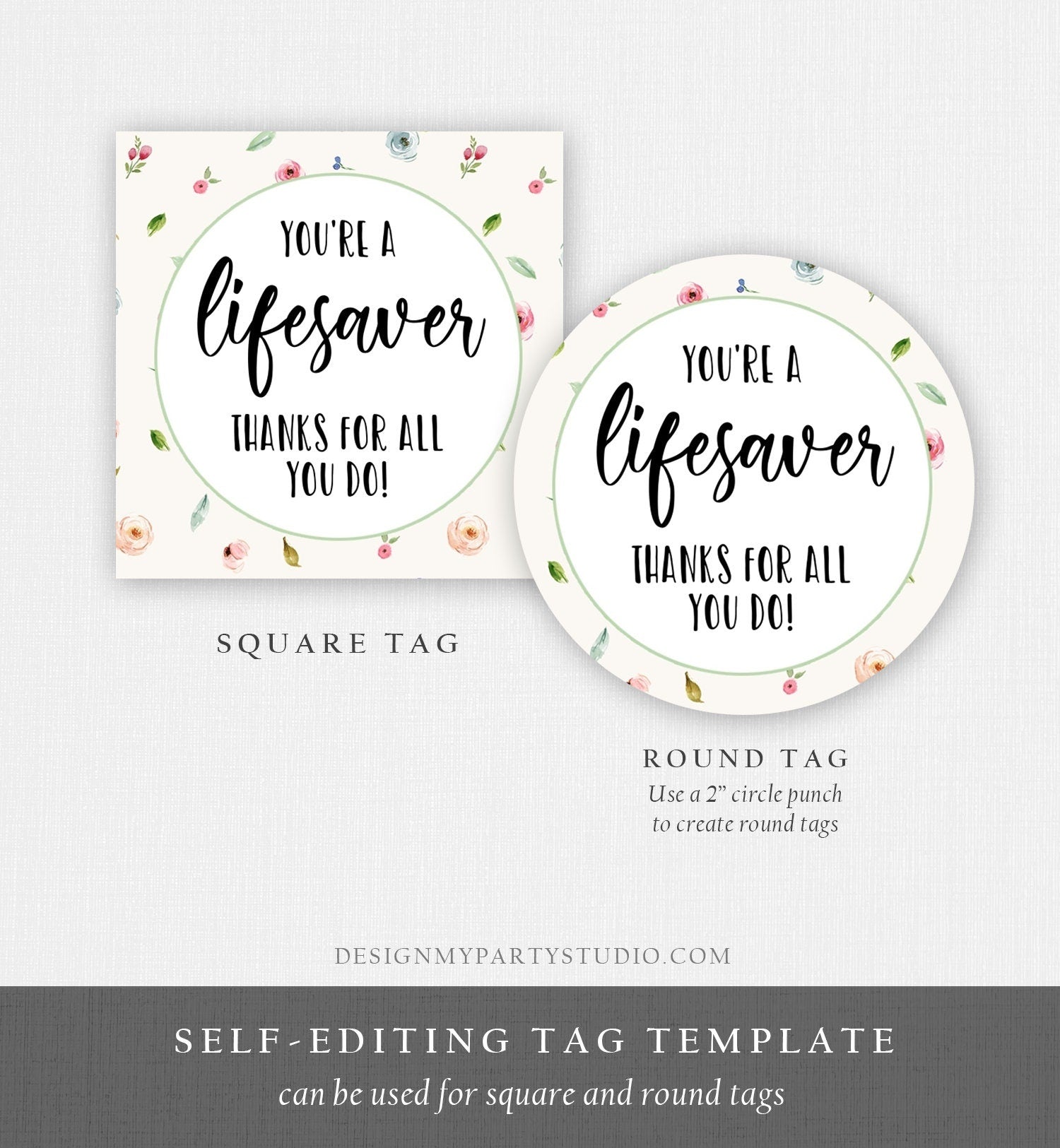 Editable Thank You Tag Teacher Appreciation PTA PTO Tag Nurse Doctor Thank You Sticker Label You're a lifesaver Corjl Template