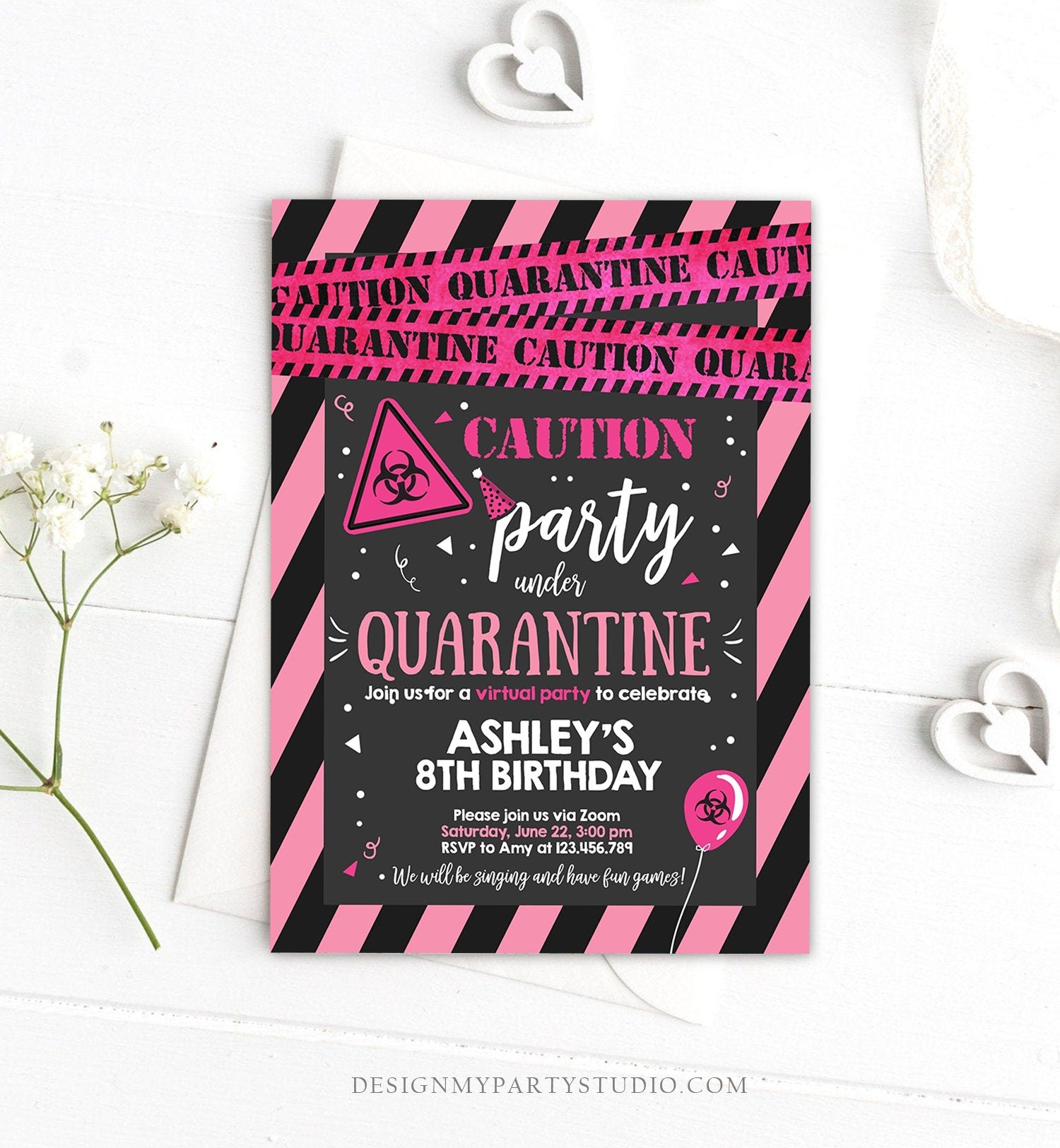 Editable Quarantine Birthday Invitation Virtual Party Quarantine Birthday Party Zoom Birthday Girl Pink Instant Download Digital Corjl 0334