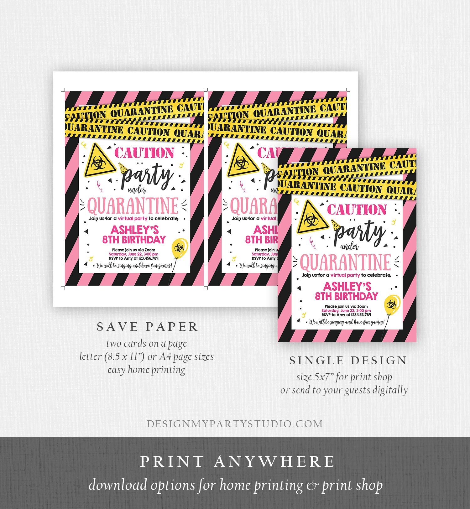 Editable Quarantine Birthday Invitation Virtual Party Quarantine Birthday Party Zoom Birthday Girl Pink Instant Download Digital Corjl 0334