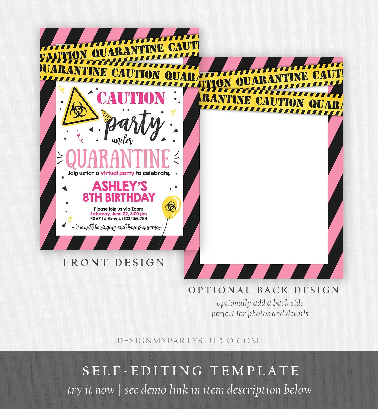 Editable Quarantine Birthday Invitation Virtual Party Quarantine Birthday Party Zoom Birthday Girl Pink Instant Download Digital Corjl 0334