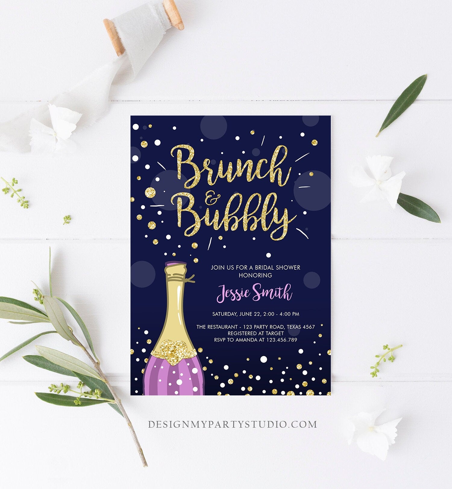 Editable Brunch and Bubbly Bridal Shower Invitation Floral Champagne Burgundy Gold Wedding Download Printable Template Digital Corjl 0051