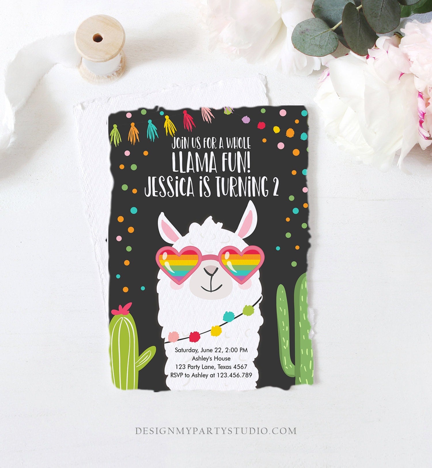 Editable Whole Llama Fun Birthday Invitation Fiesta Llama Cactus Mexican Party Chalk Sunglasses Girl Alpaca Corjl Template Printable 0079