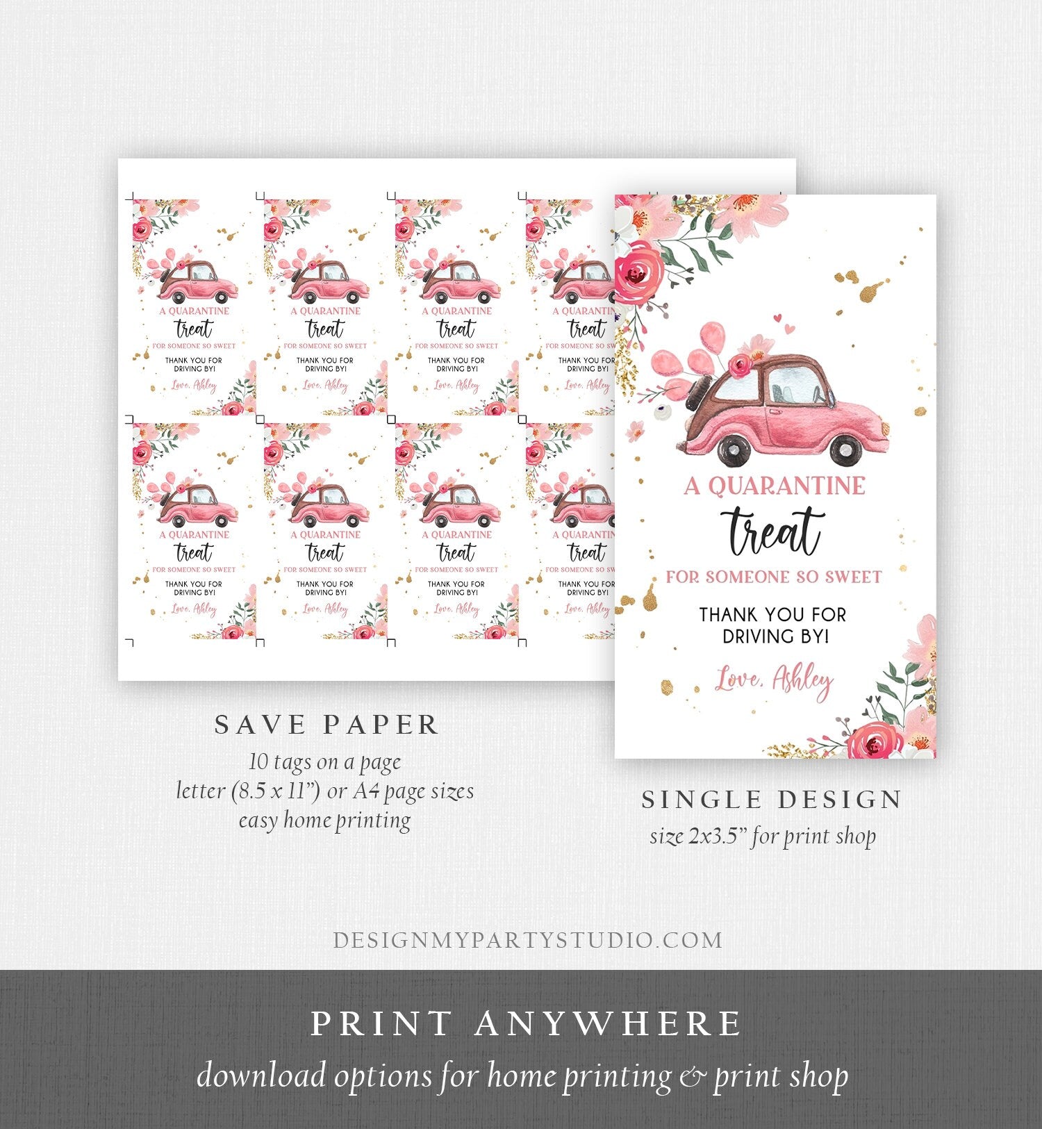 Editable Drive By Favor Tag Drive Through Baby Shower Bridal Shower Birthday Thank You Gift Tags Quarantine Pink Floral Girl Corjl 0335