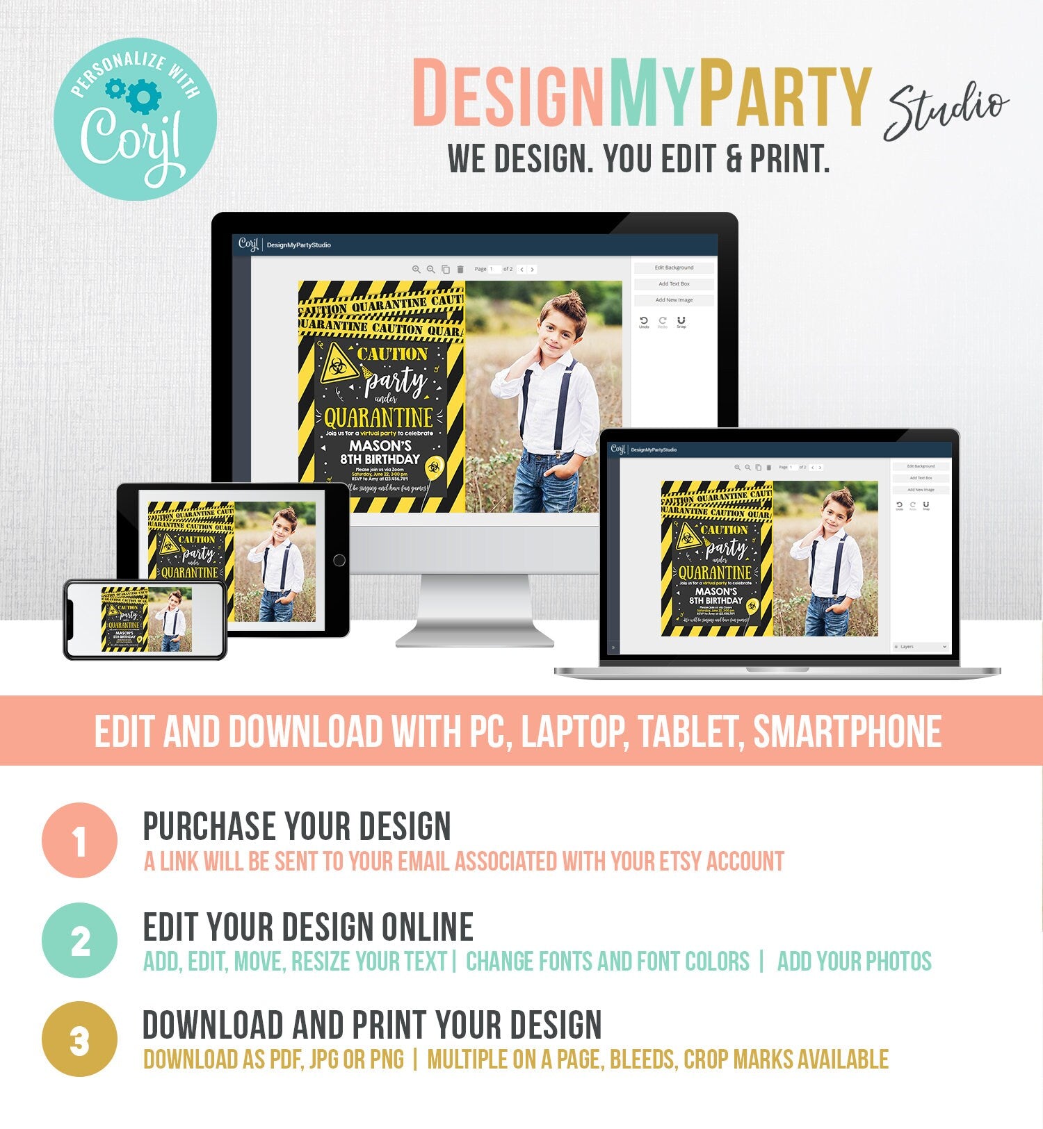 Editable Quarantine Birthday Invitation Virtual Party Quarantine Party Zoom Boy Photo No One Invited Hangout Corjl Template Printable 0334