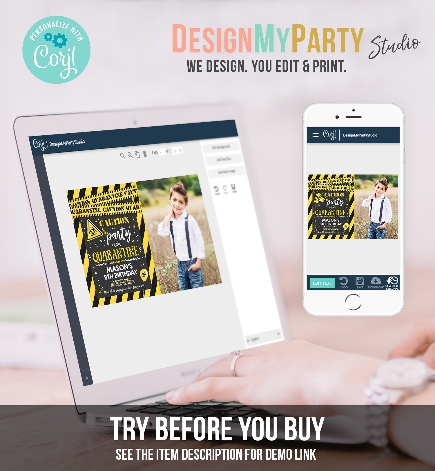 Editable Quarantine Birthday Invitation Virtual Party Quarantine Party Zoom Boy Photo No One Invited Hangout Corjl Template Printable 0334