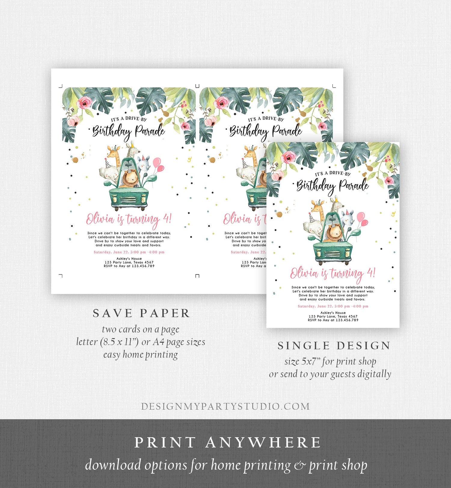 Editable Drive By Birthday Invitation Safari Animals Party Animals Drive Through Quarantine Pink Girl Car Download Corjl Template 0345