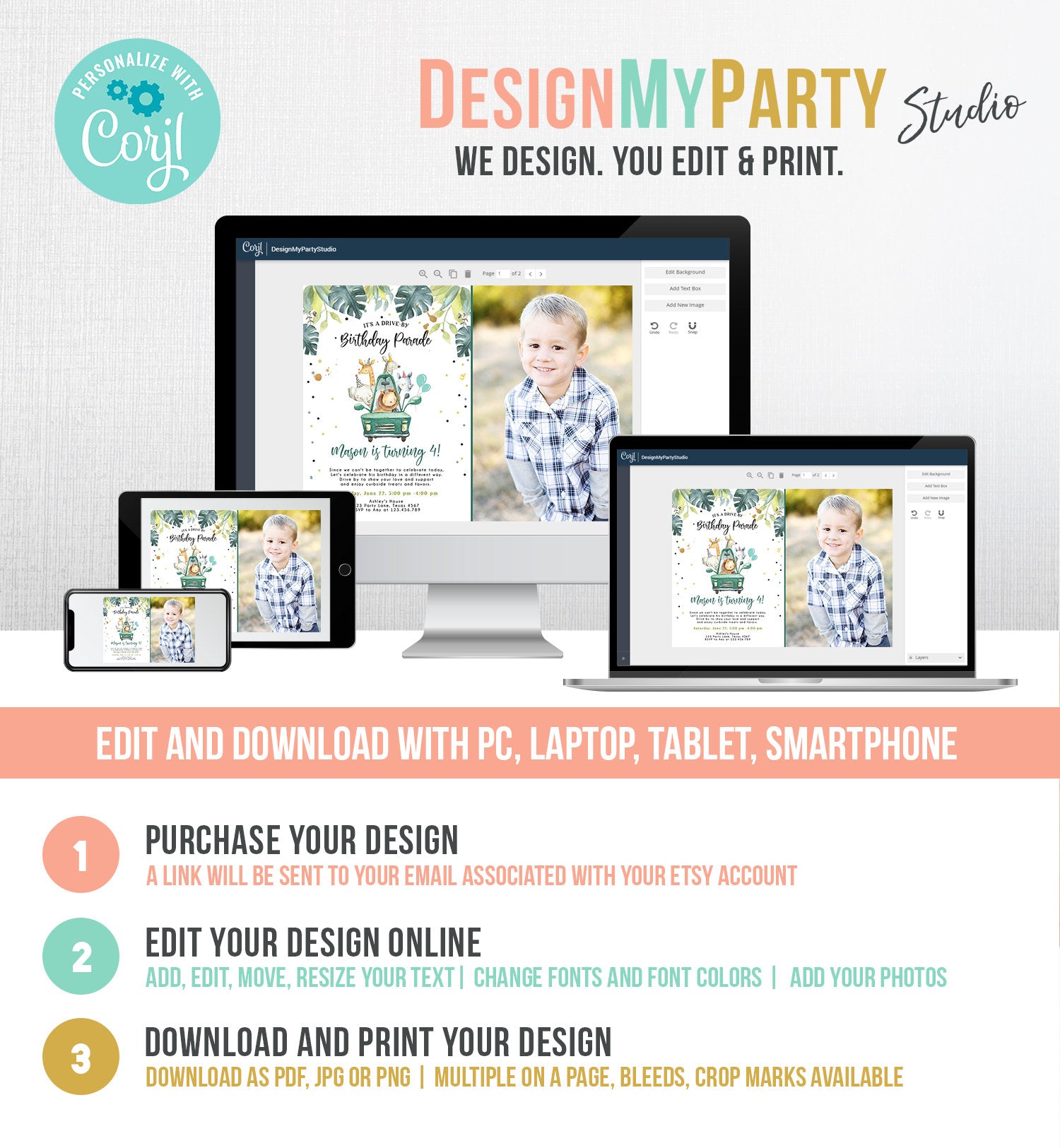 Editable Drive By Birthday Invitation Safari Animals Party Animals Drive Through Quarantine Blue Boy Car Download Corjl Template 0163