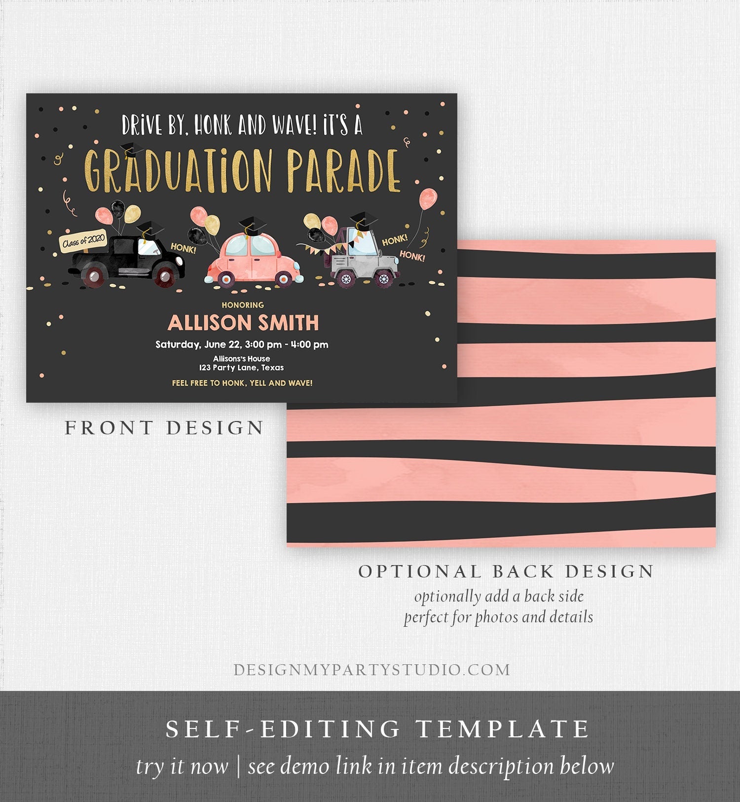 Editable Drive By Graduation Parade Invitation Virtual Party Coral Girl Graduate High School Grad Class 2021 Quarantine Digital Corjl 0337