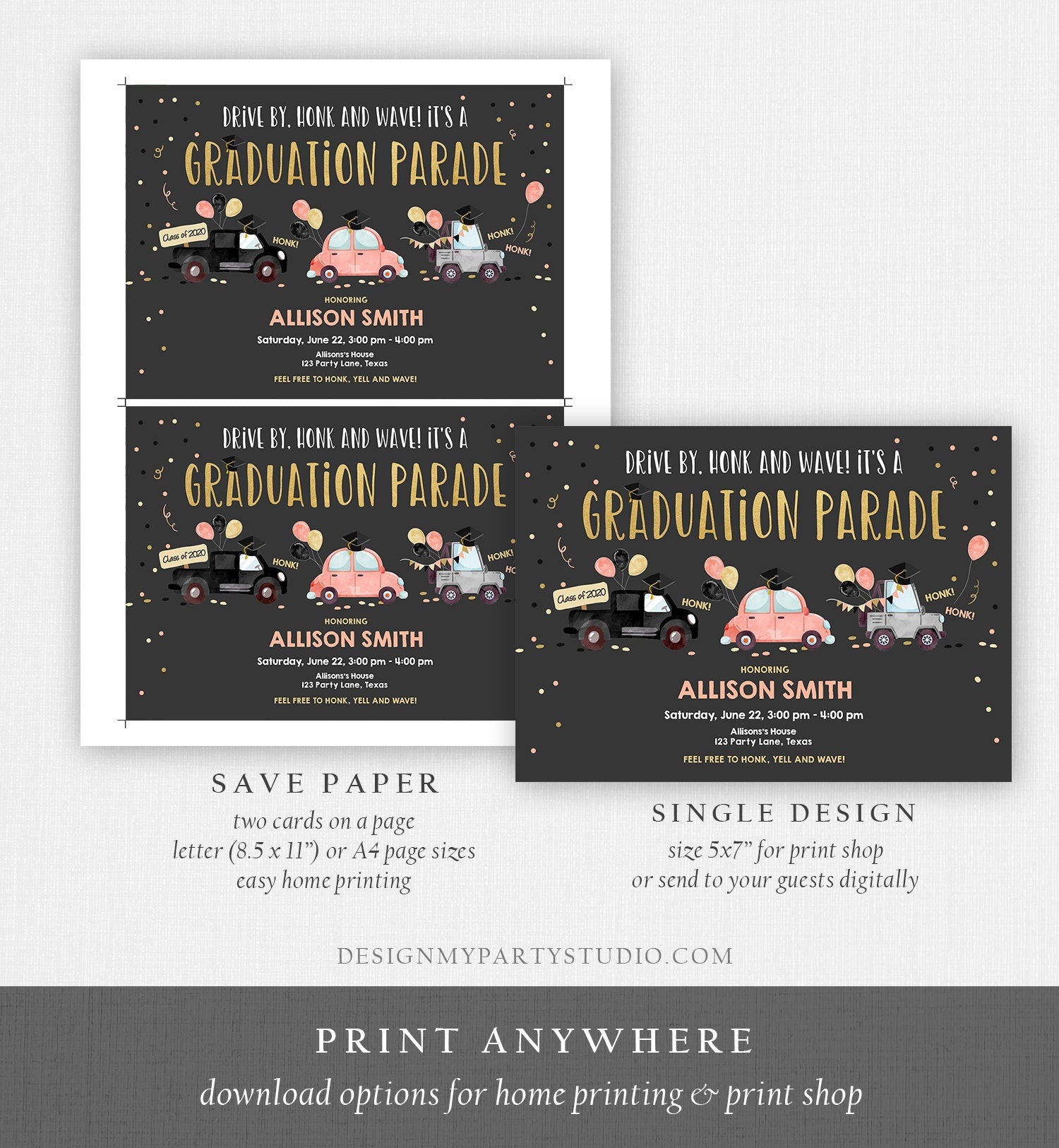 Editable Drive By Graduation Parade Invitation Virtual Party Coral Girl Graduate High School Grad Class 2021 Quarantine Digital Corjl 0337