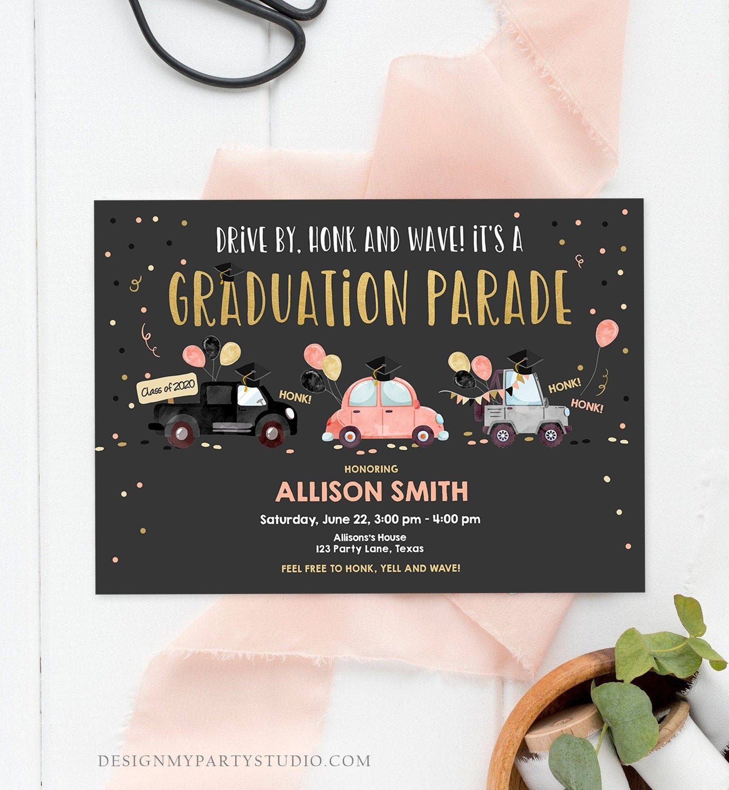 Editable Drive By Graduation Parade Invitation Virtual Party Coral Girl Graduate High School Grad Class 2021 Quarantine Digital Corjl 0337