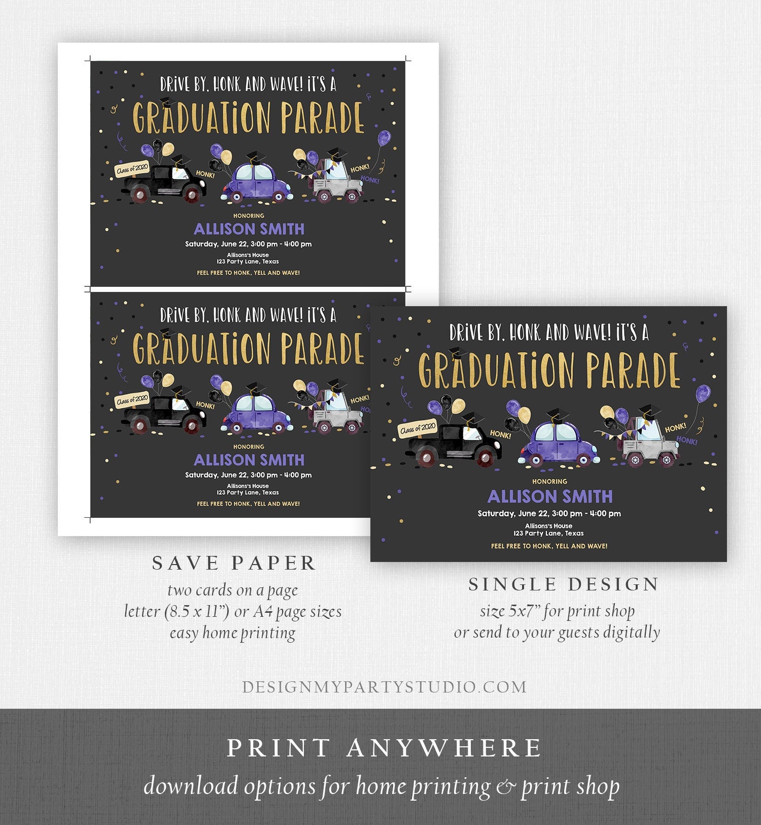 Editable Drive By Graduation Parade Invitation Virtual Party Blue Girl Graduate High School Grad Class 2021 Quarantine Digital Corjl 0337