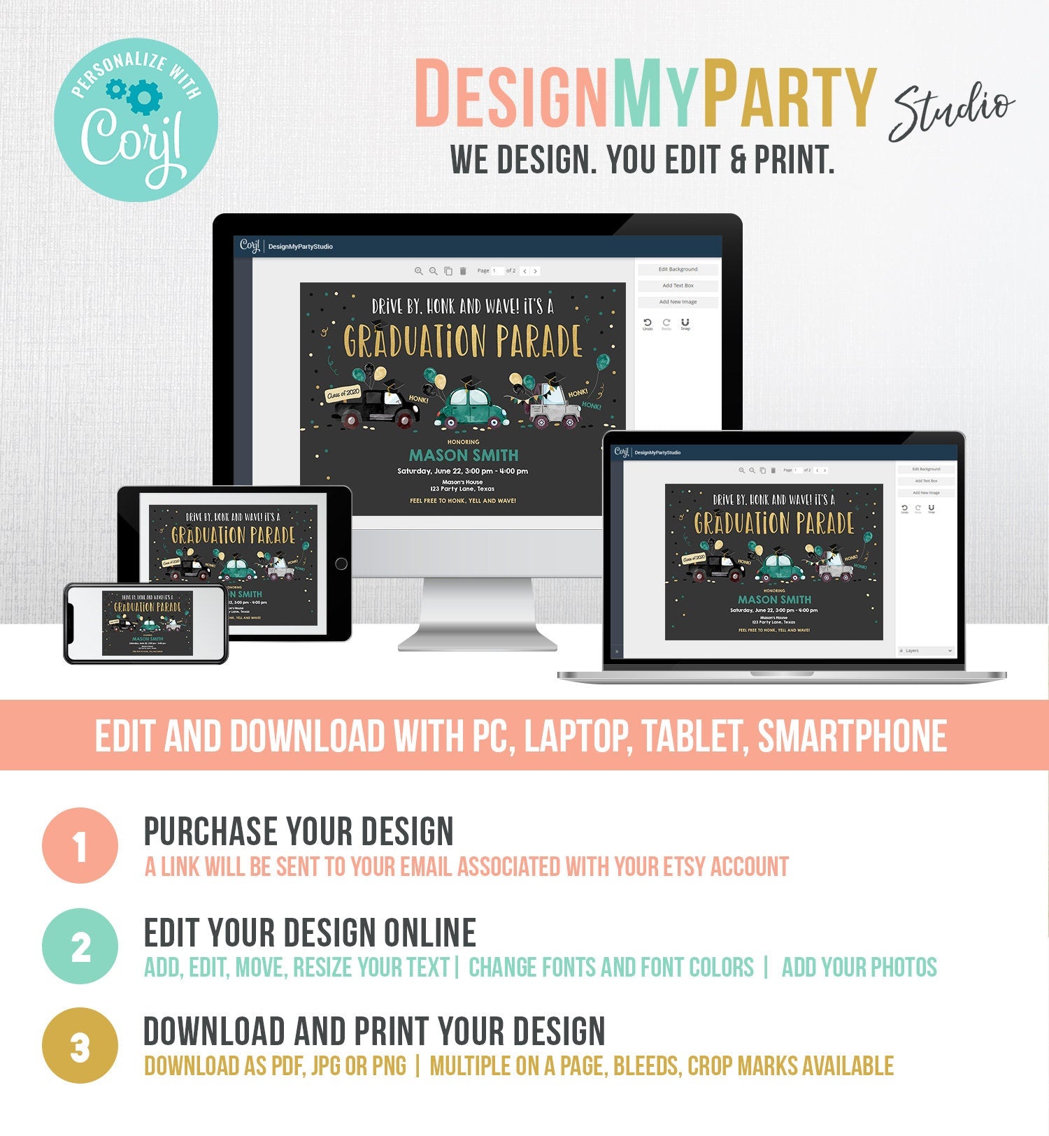 Editable Drive By Graduation Parade Invitation Virtual Party Green Girl Boy Graduate High School Grad Class 2021 Quarantine Corjl 0337