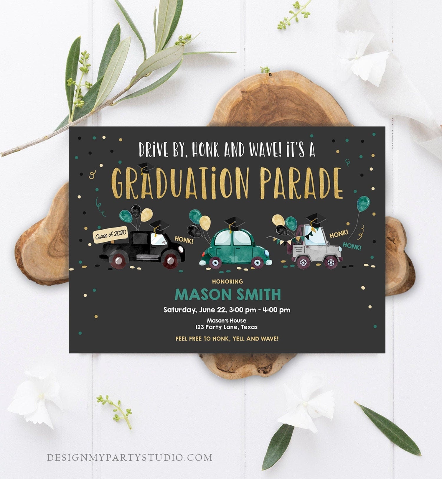 Editable Drive By Graduation Parade Invitation Virtual Party Green Girl Boy Graduate High School Grad Class 2021 Quarantine Corjl 0337
