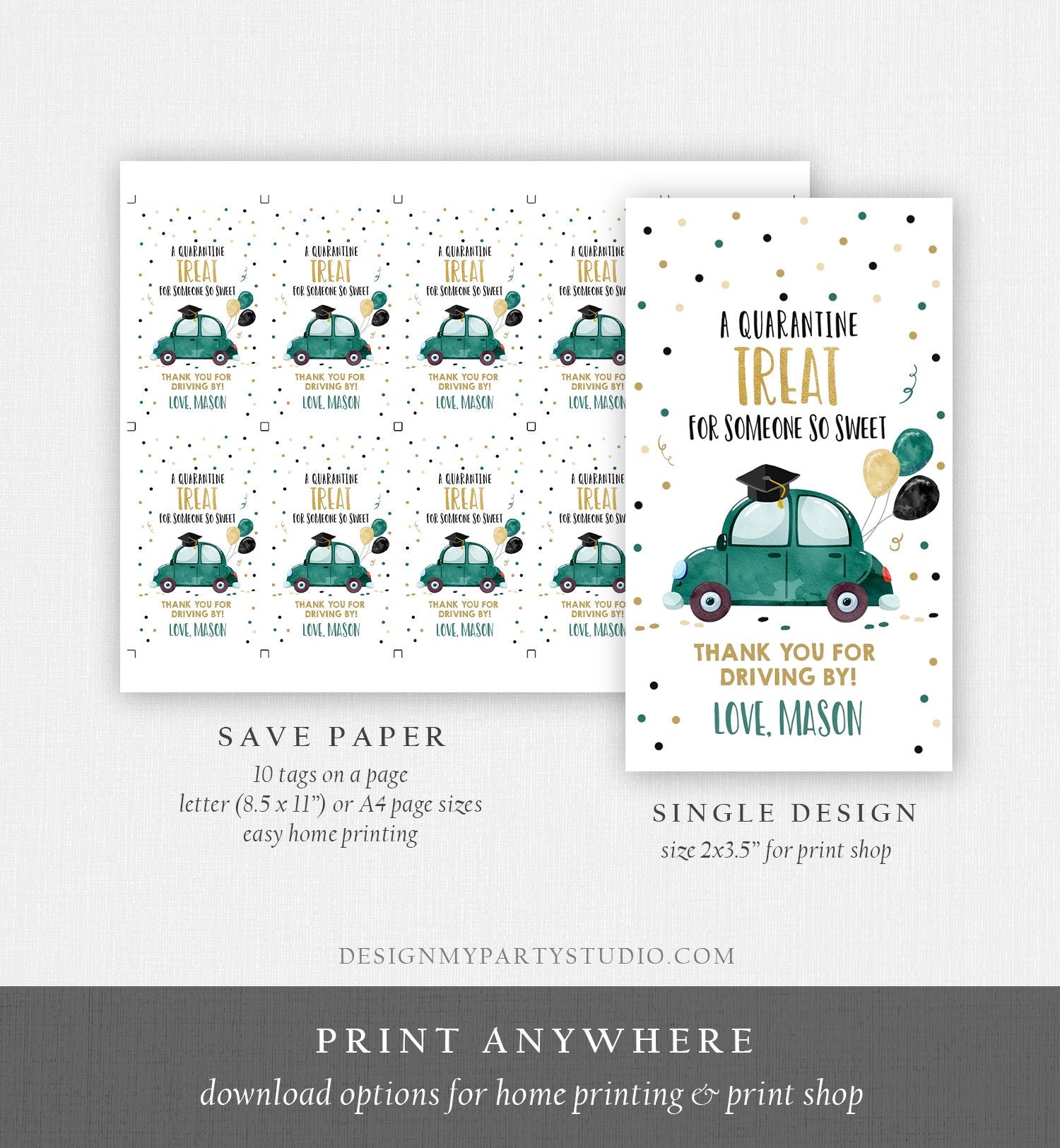 Editable Drive By Favor Tag Drive Through Graduation Parade Thank You Gift Tags Quarantine Green Car High School Grad Graduate Corjl 0337