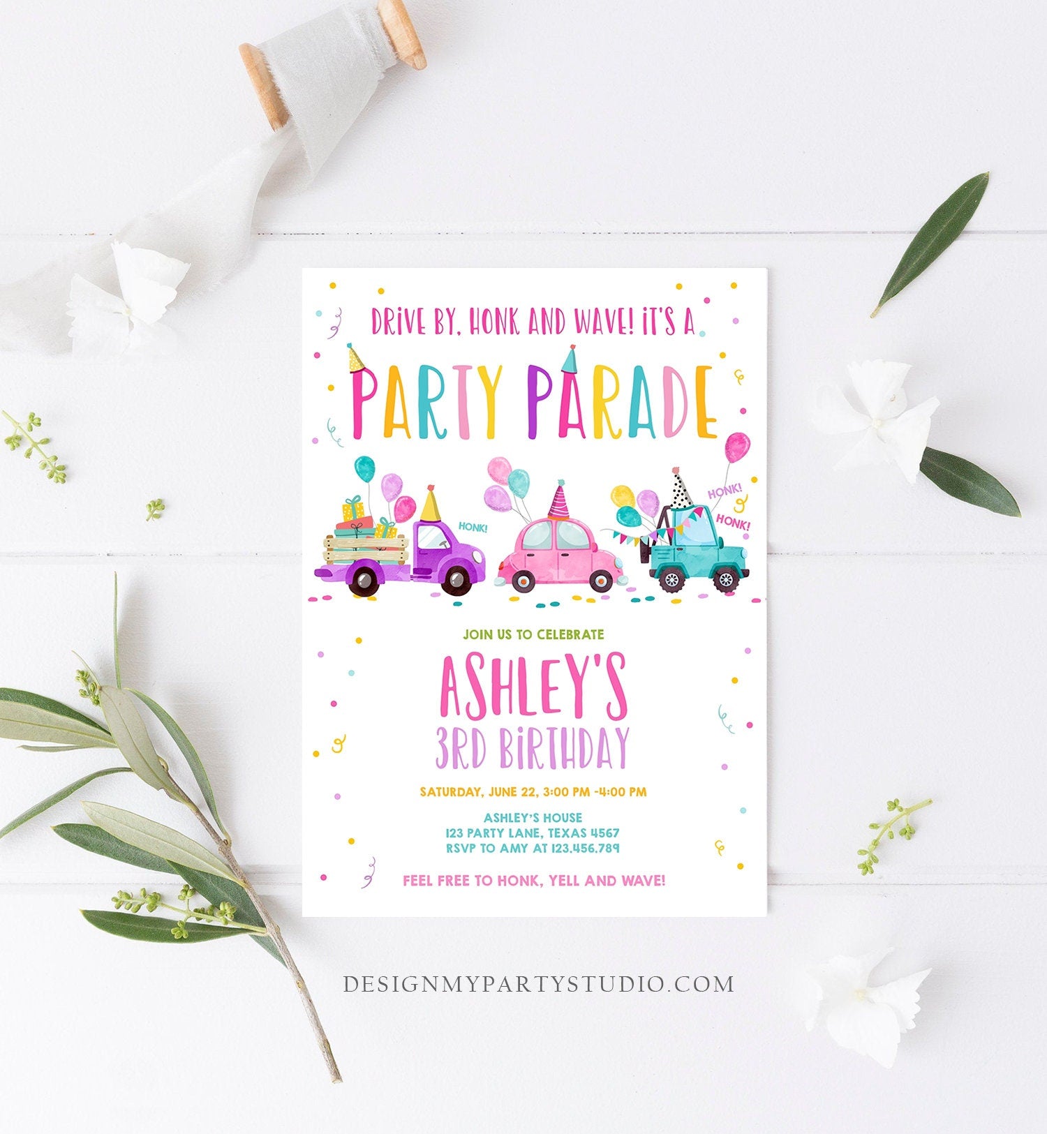 Editable Drive By Birthday Parade Invitation Virtual Party Invite Honk Wave Car Girl Pink Quarantine Instant Download Digital Corjl 0333
