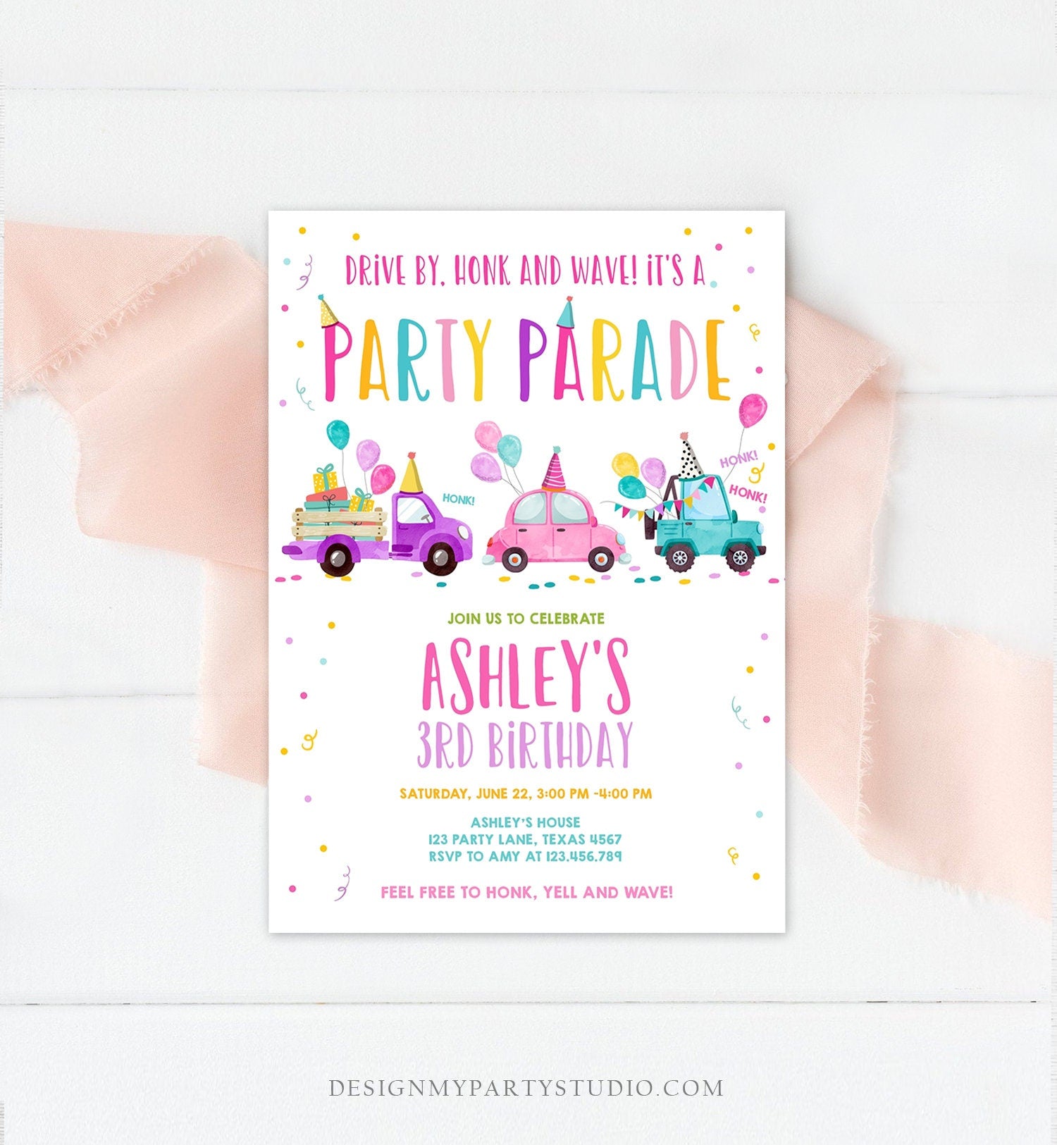 Editable Drive By Birthday Parade Invitation Virtual Party Invite Honk Wave Car Girl Pink Quarantine Instant Download Digital Corjl 0333