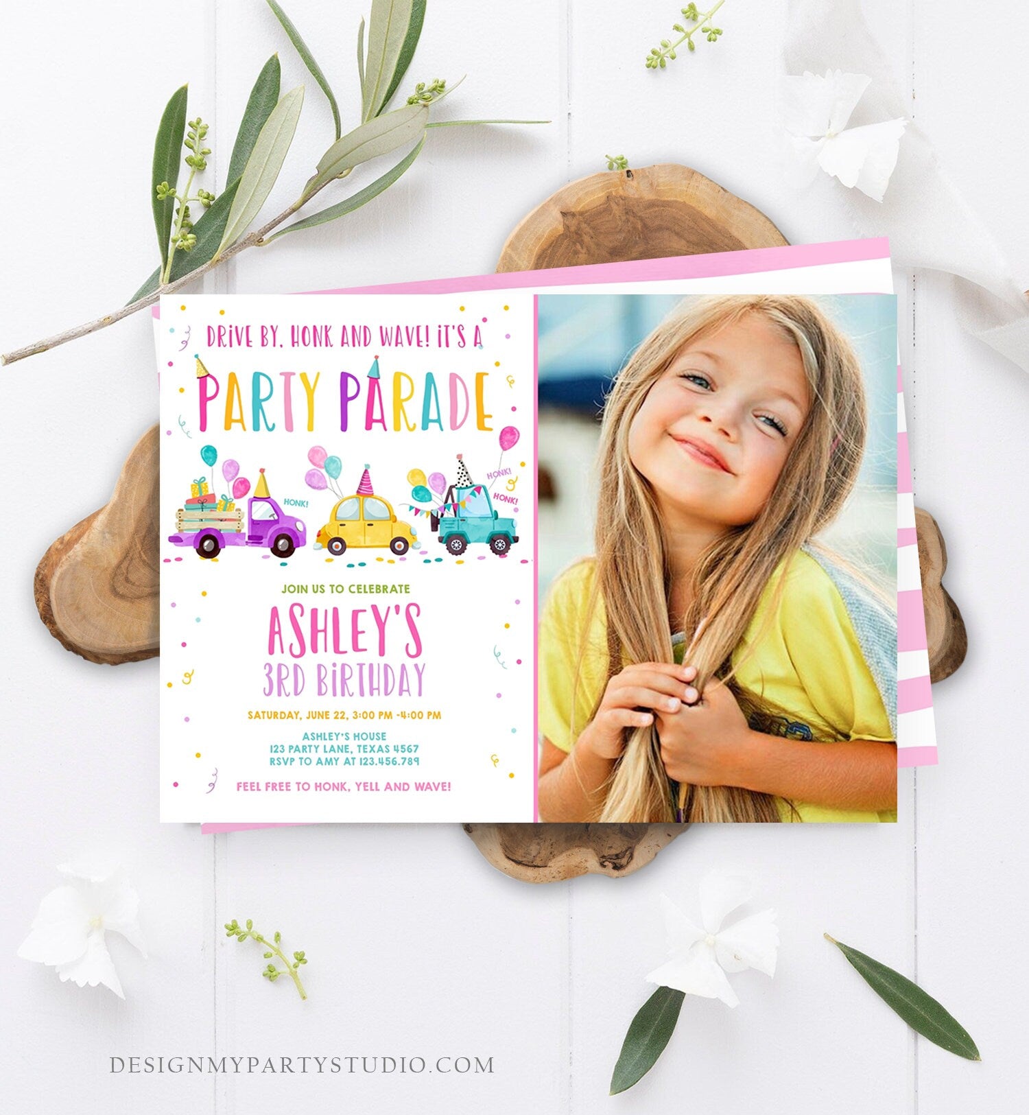 Editable Drive By Birthday Parade Invitation Virtual Party Invite Honk Wave Car Girl Pink Quarantine Instant Download Digital Corjl 0333