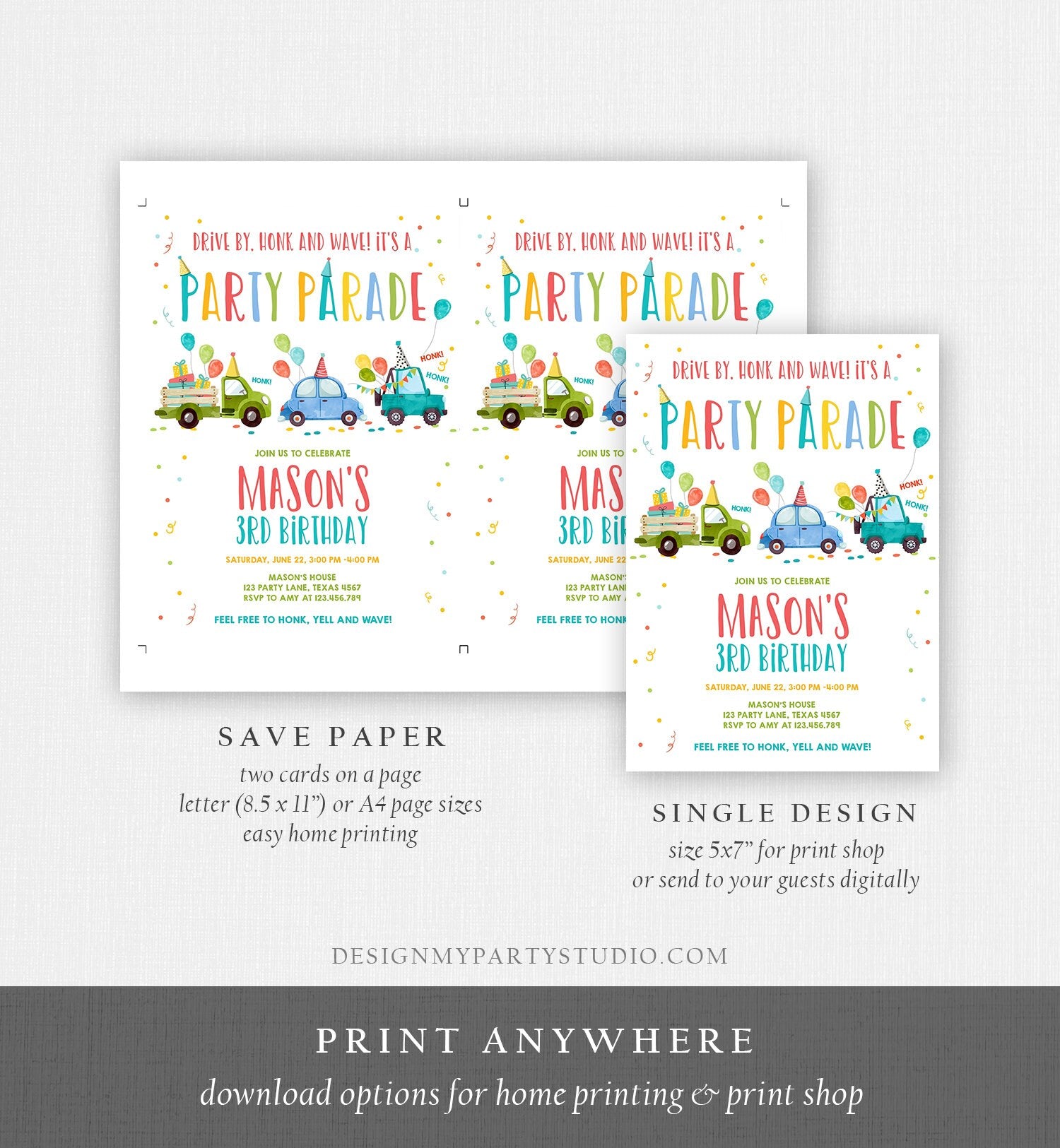 Editable Drive By Birthday Parade Invitation Virtual Party Invite Honk Wave Car Boy Blue Quarantine Instant Download Digital Corjl 0333