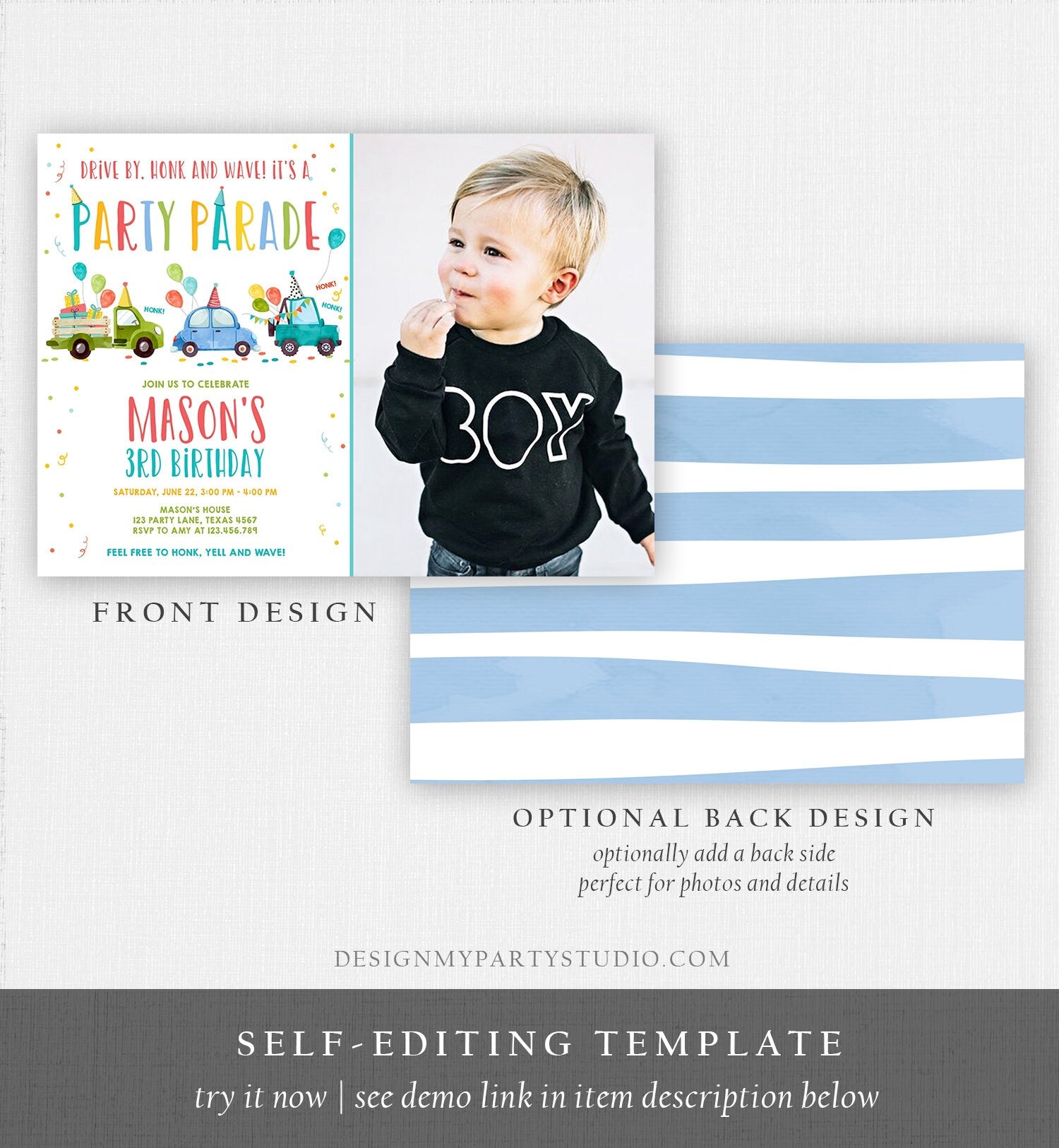 Editable Drive By Birthday Parade Invitation Virtual Party Invite Honk Wave Car Boy Blue Quarantine Instant Download Digital Corjl 0333