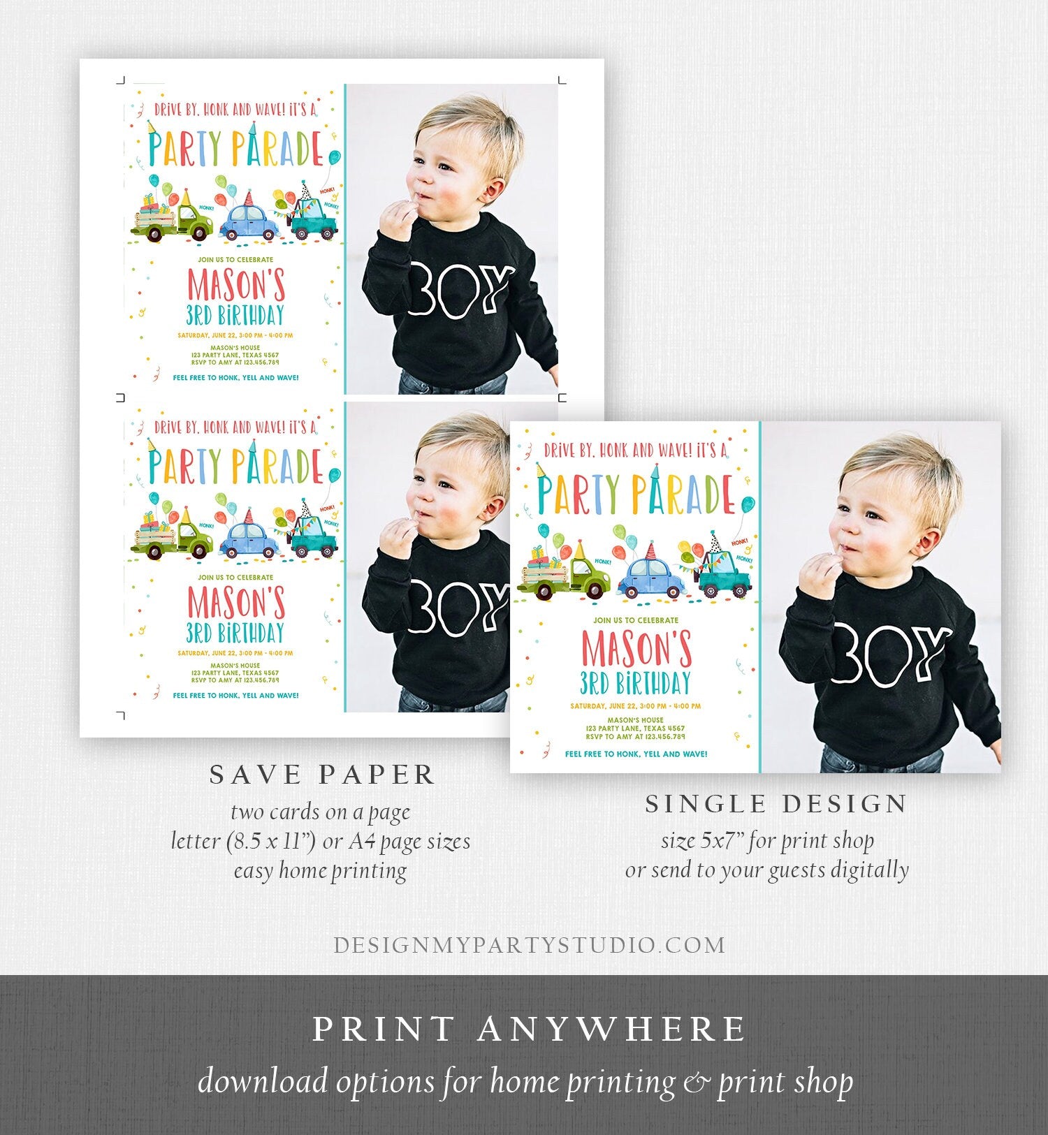 Editable Drive By Birthday Parade Invitation Virtual Party Invite Honk Wave Car Boy Blue Quarantine Instant Download Digital Corjl 0333